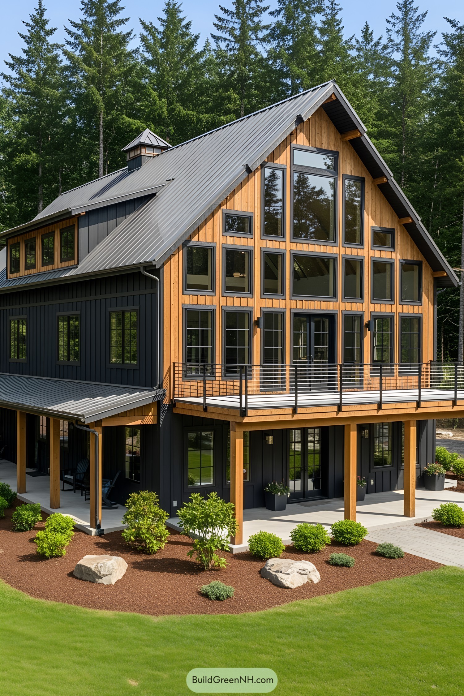 Modern multi-level barndominium with large windows and lush landscaping