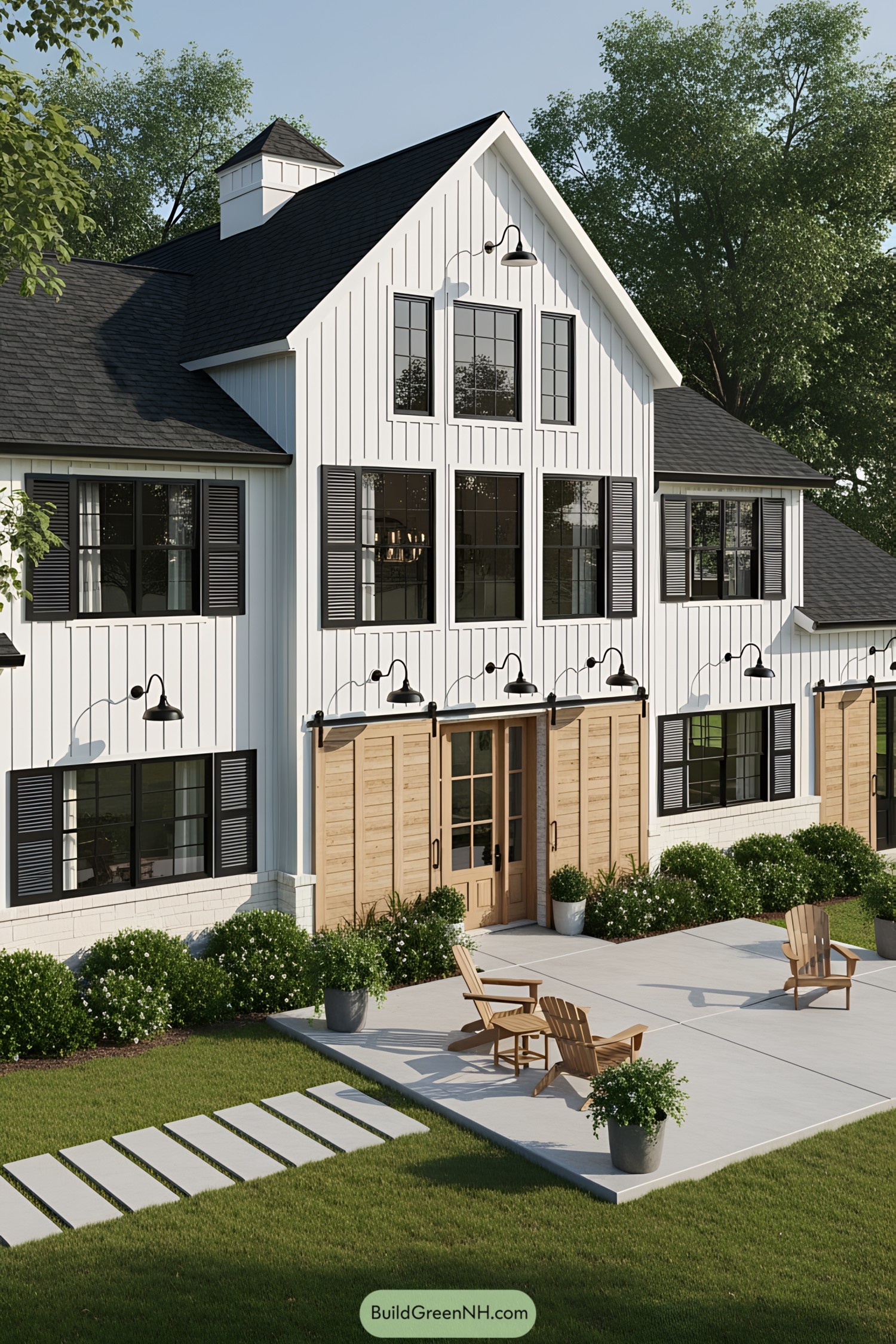 Chic white barndominium with natural wood accents