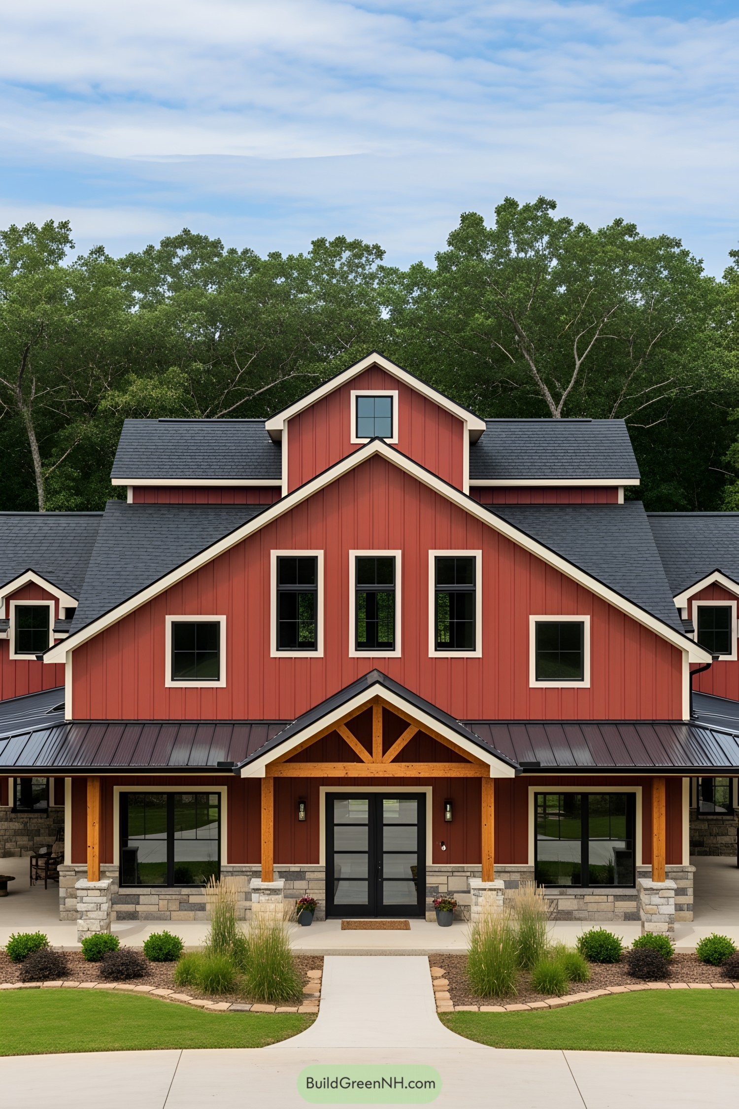 A red multi-story barn-style house with a modern twist