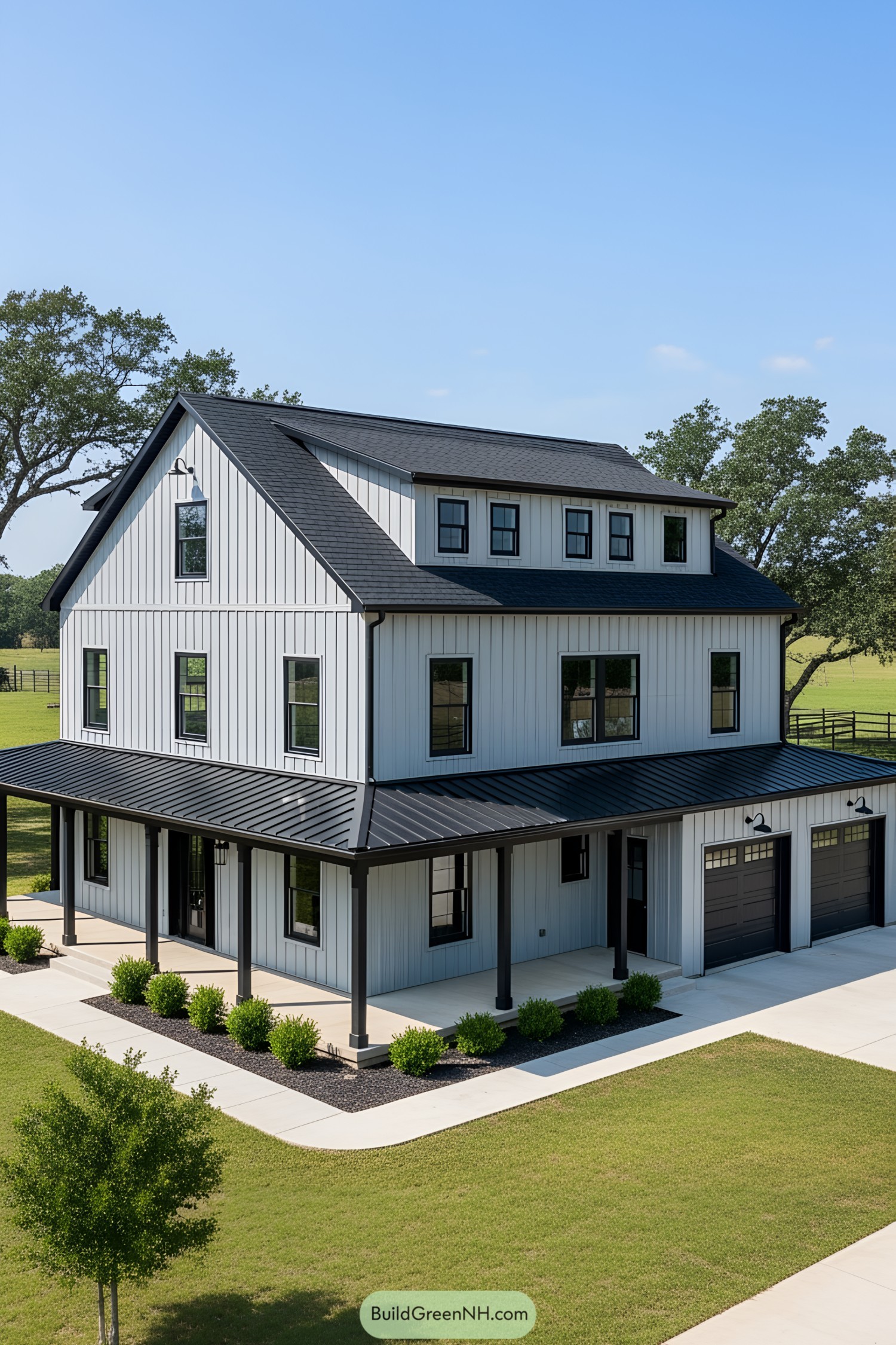 Modern multi-level barndominium with a porch
