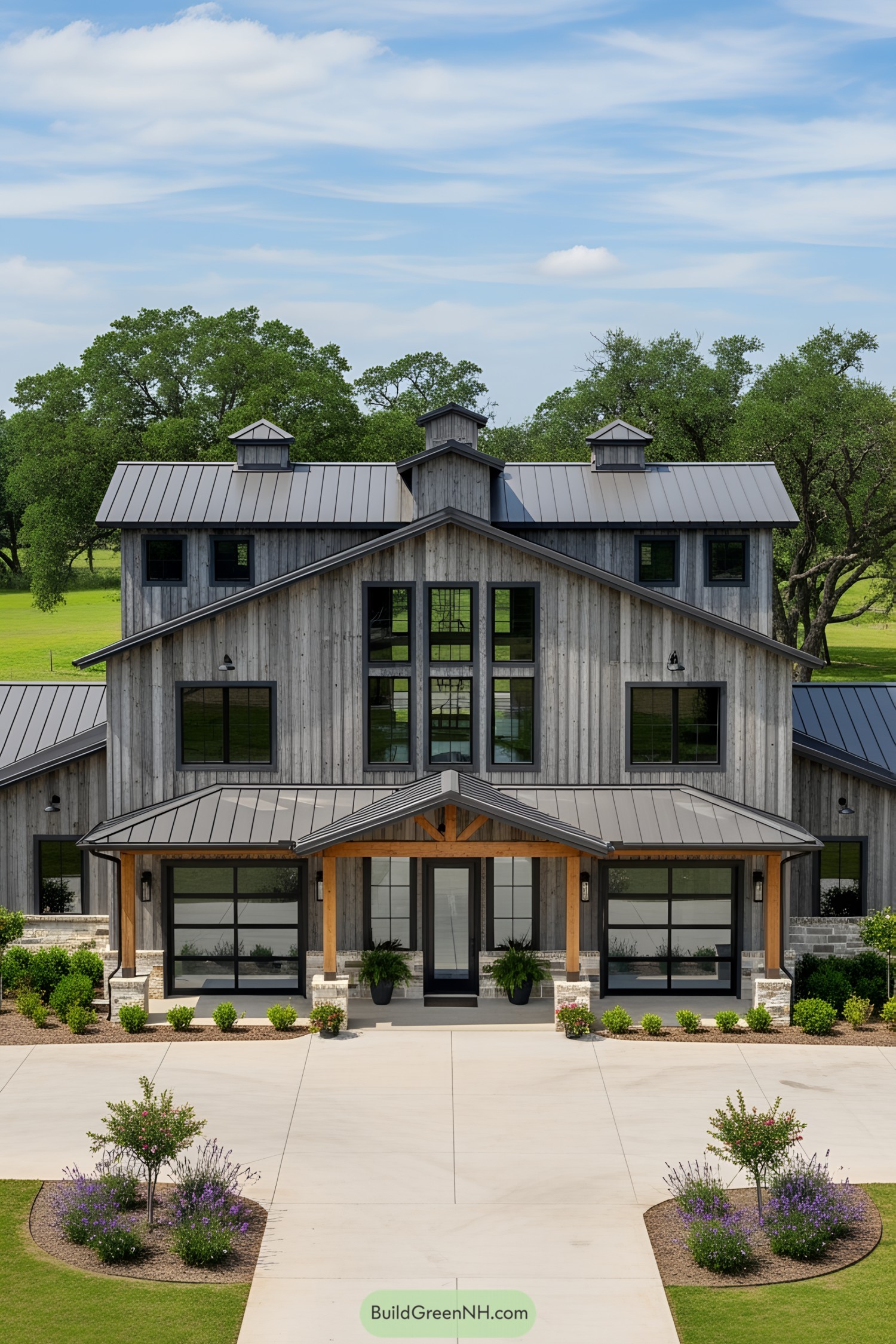 Charming multi-story barndominium with gray metal roof and expansive windows