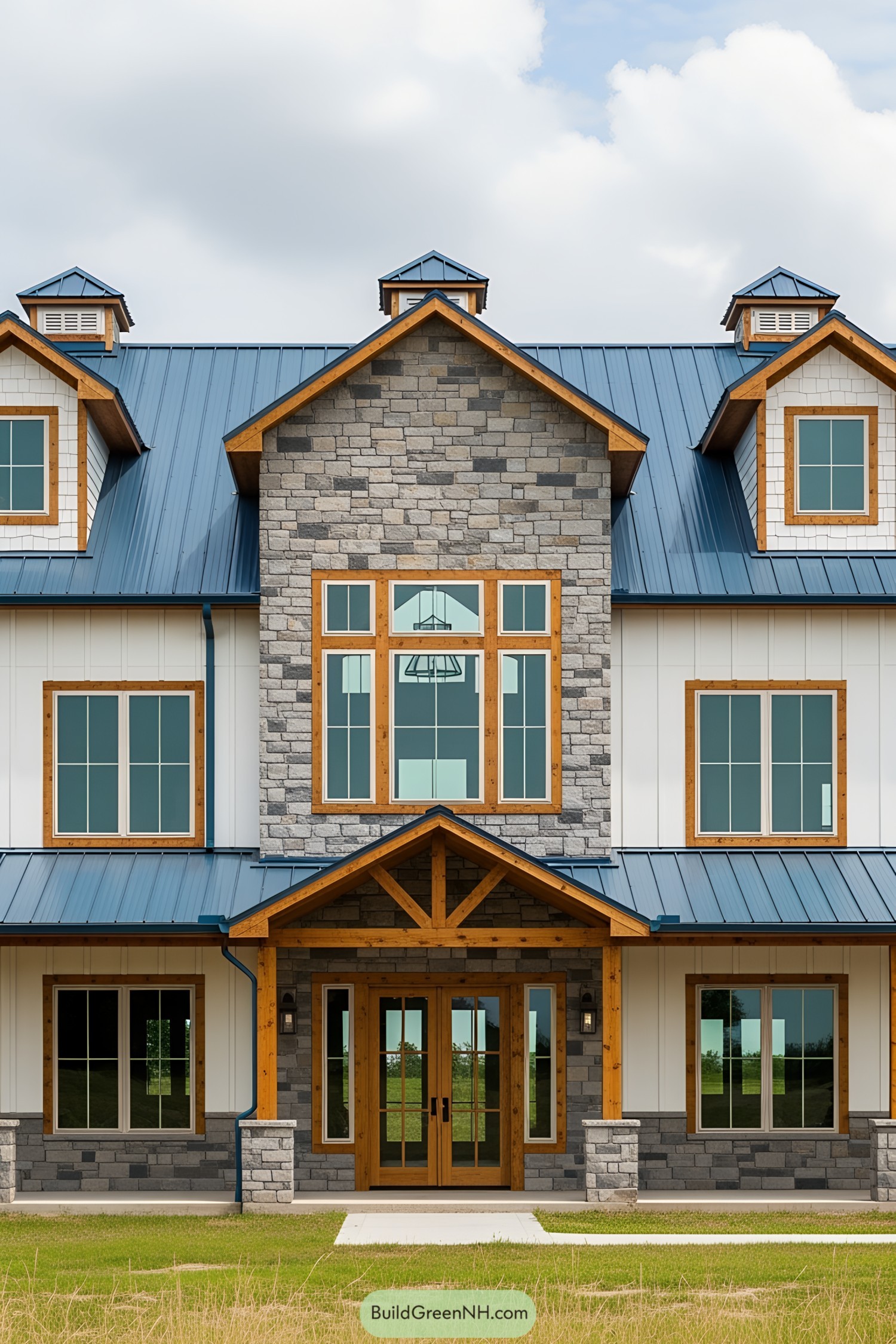 Two-story barndominium with mixed materials and blue roof