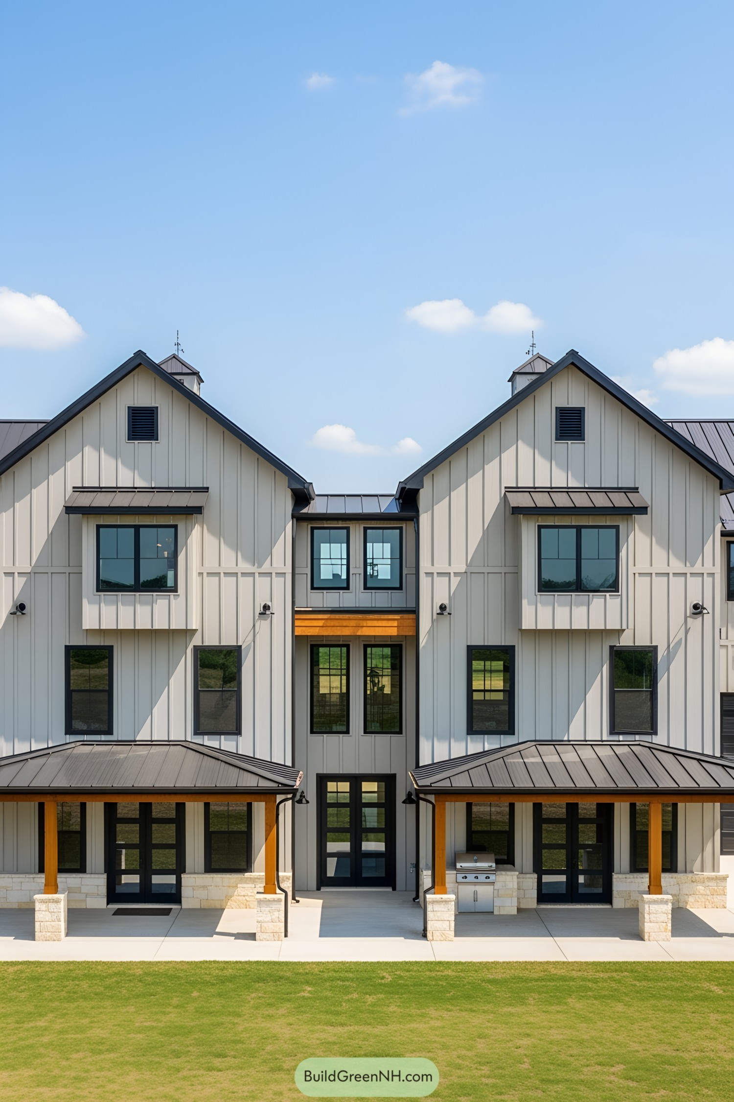 Tall and charming barn-style house with a welcoming porch