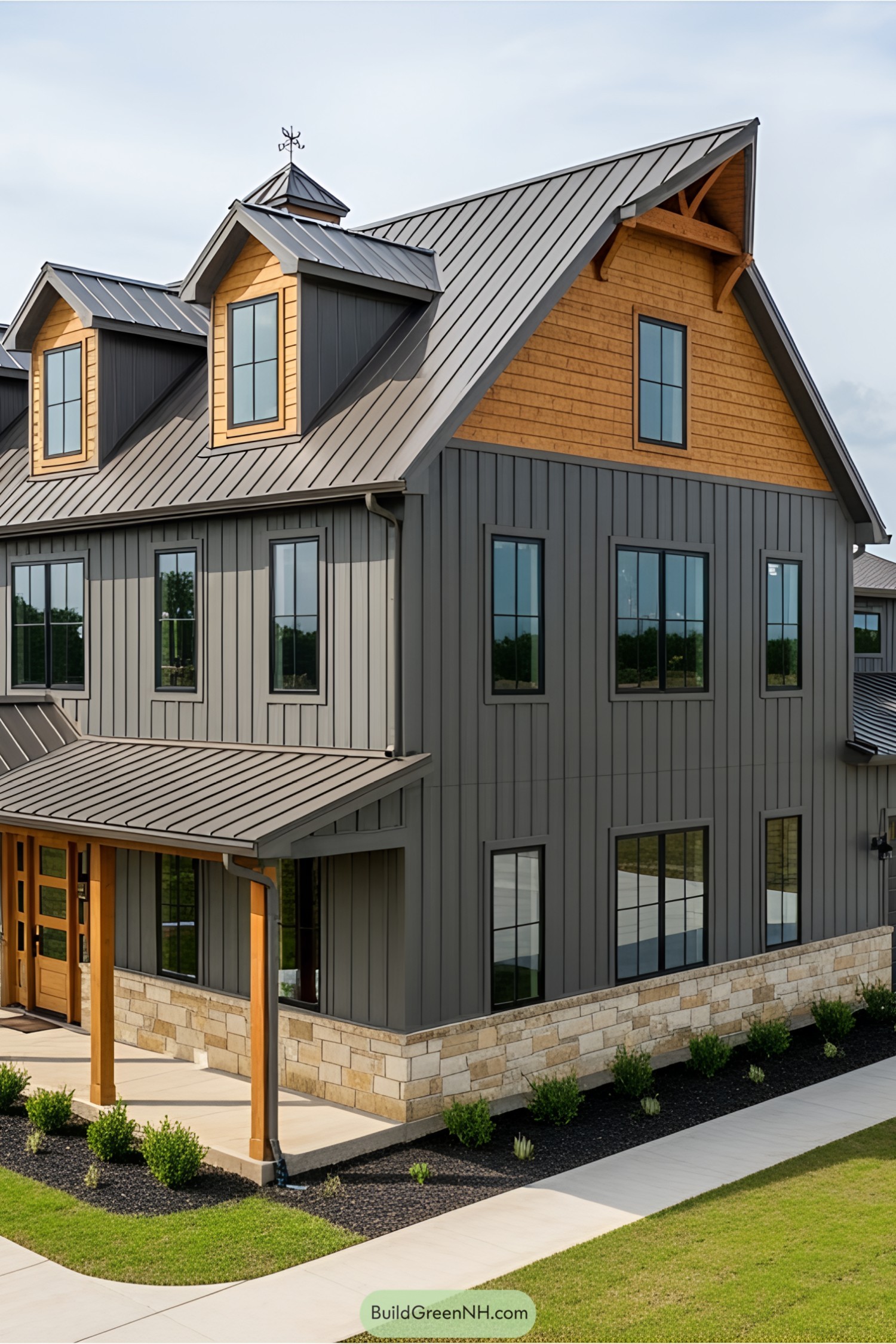 Gray and wood multi-level barndominium with lush landscaping