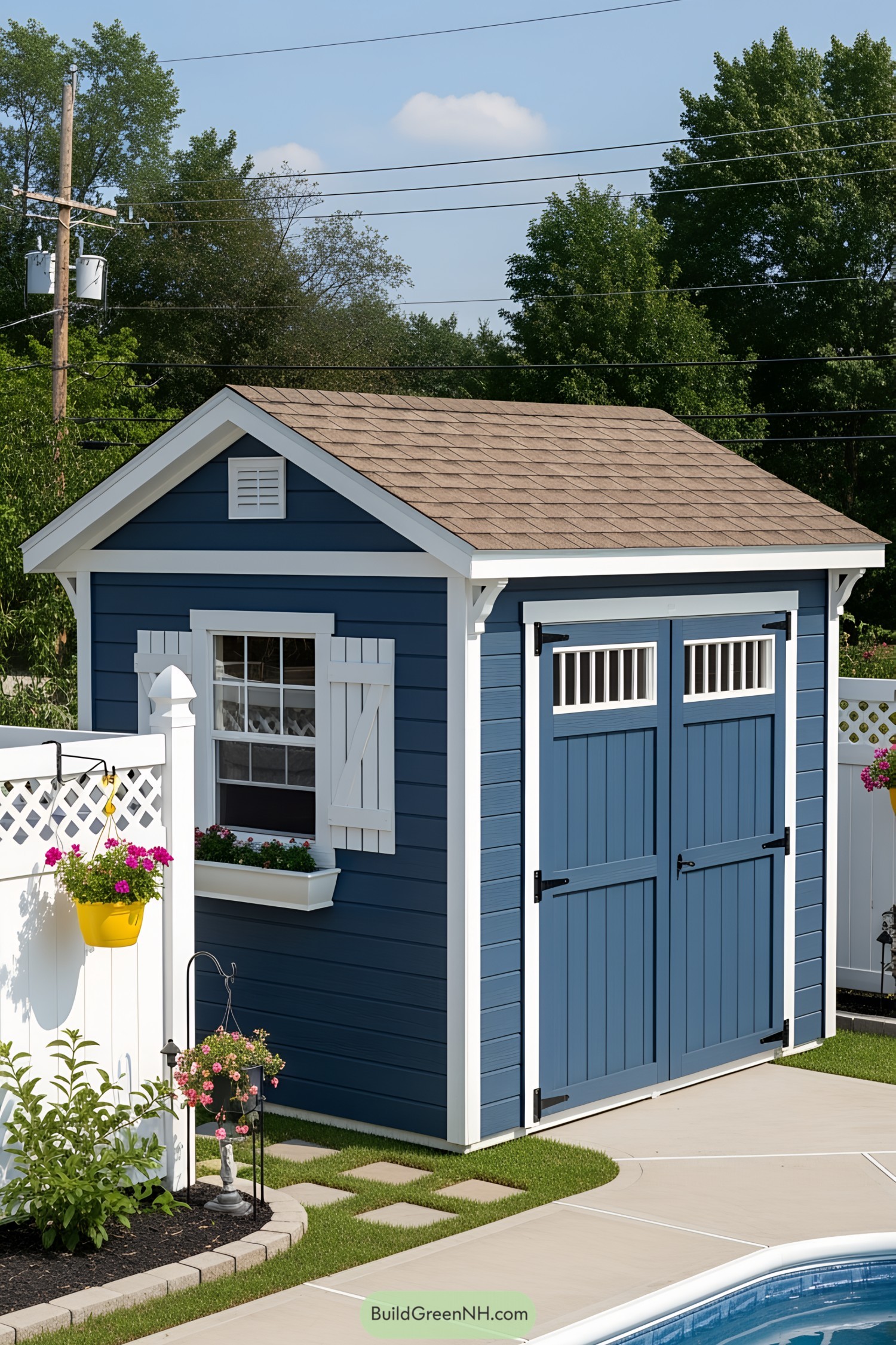 Blue poolside shed with white accents