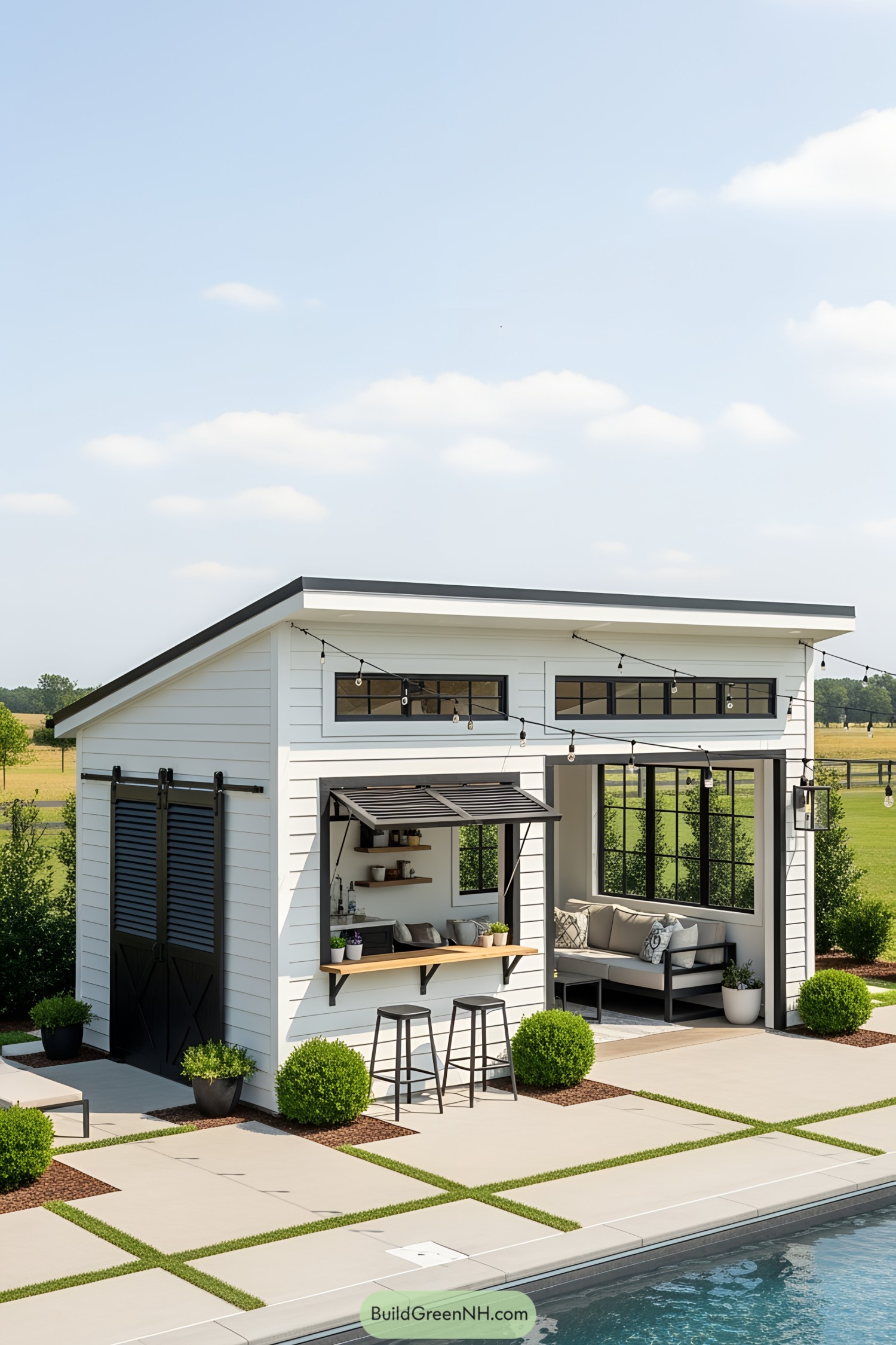 Compact poolside shed with open bar and seating area