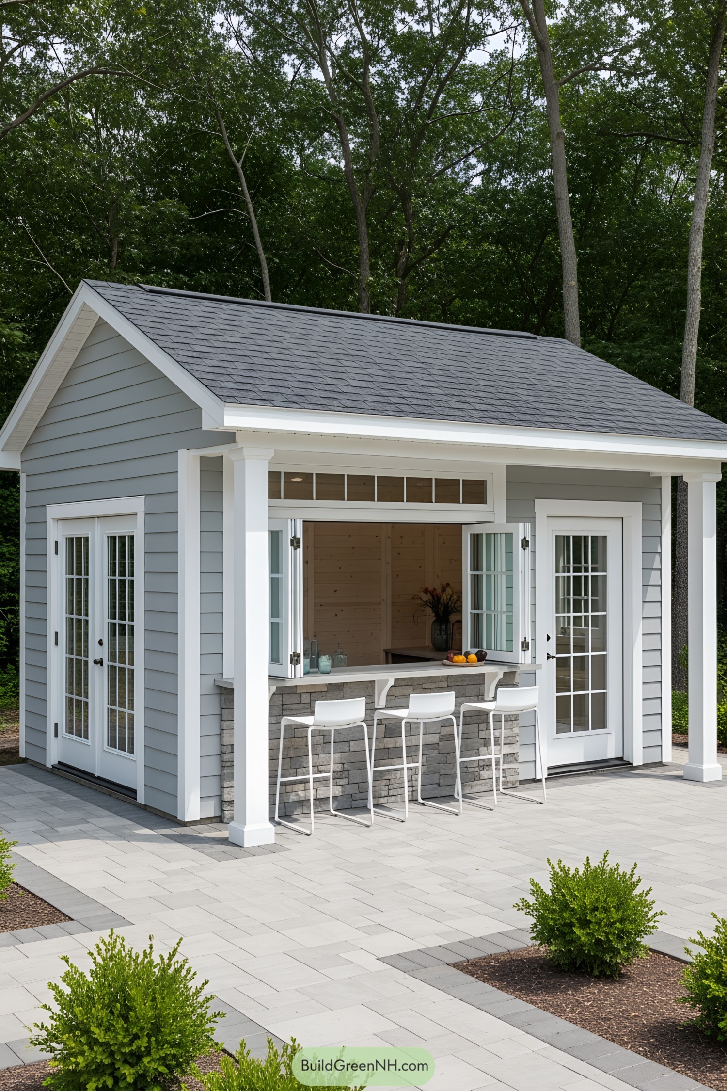 Modern poolside shed with bar and stools