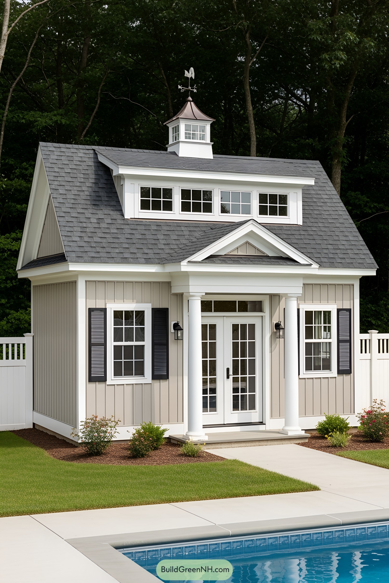 Charming poolside shed with classic architectural features