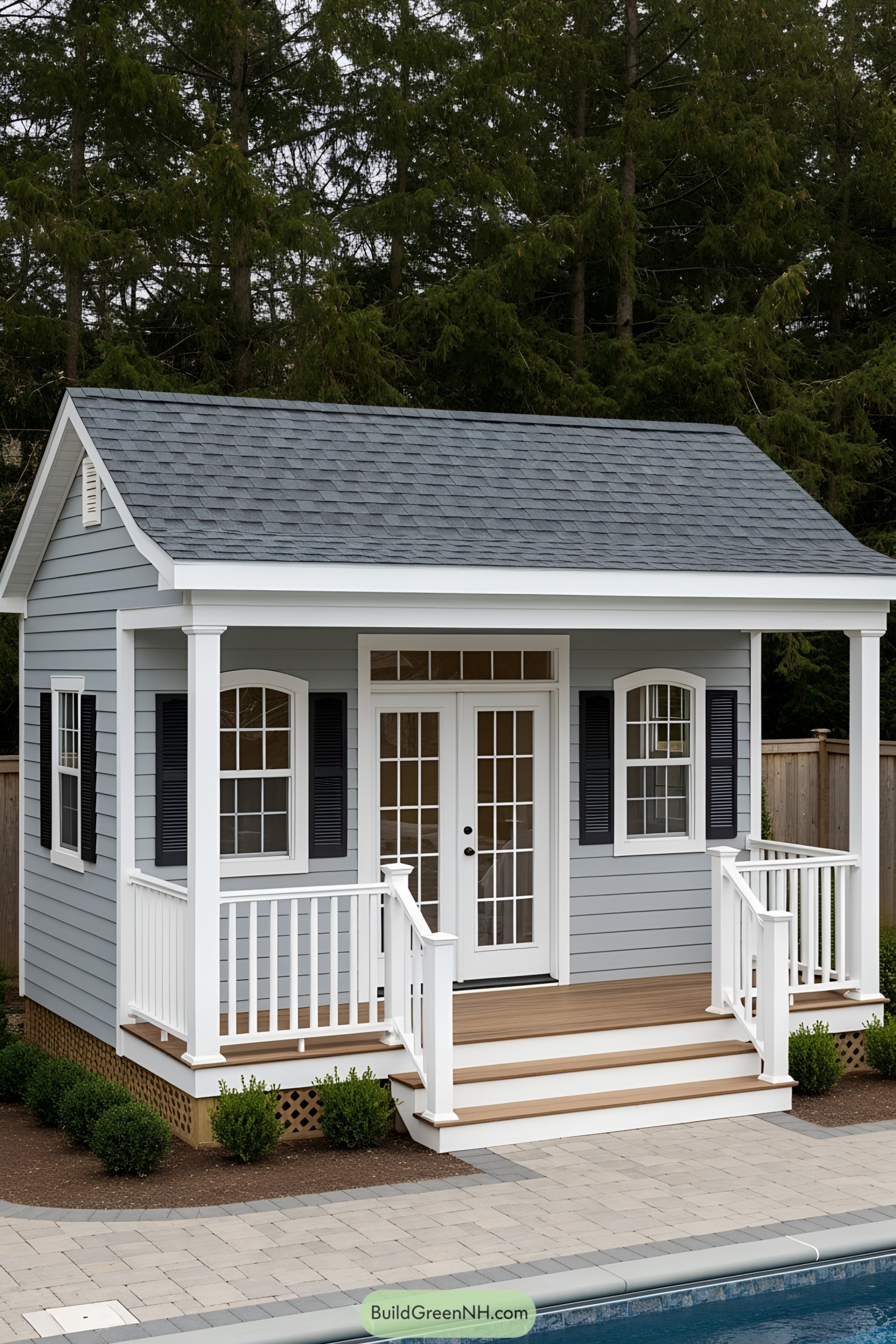 Small pool house with steps and a porch