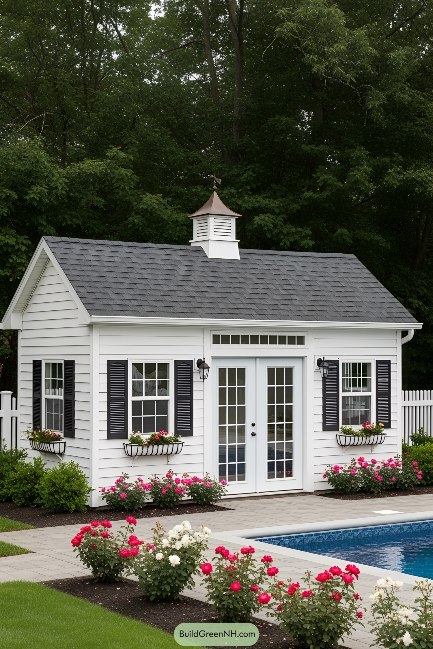 Charming white pool house with gray roof, surrounded by roses