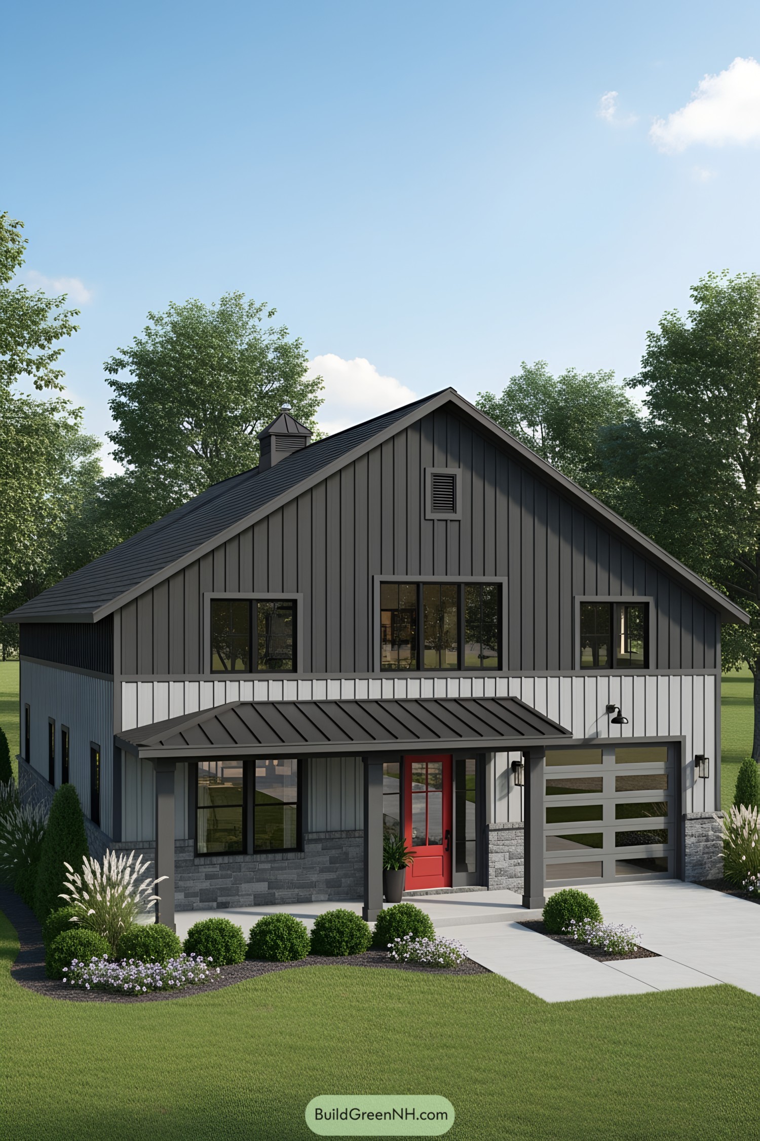 Modern barndominium with bold red door