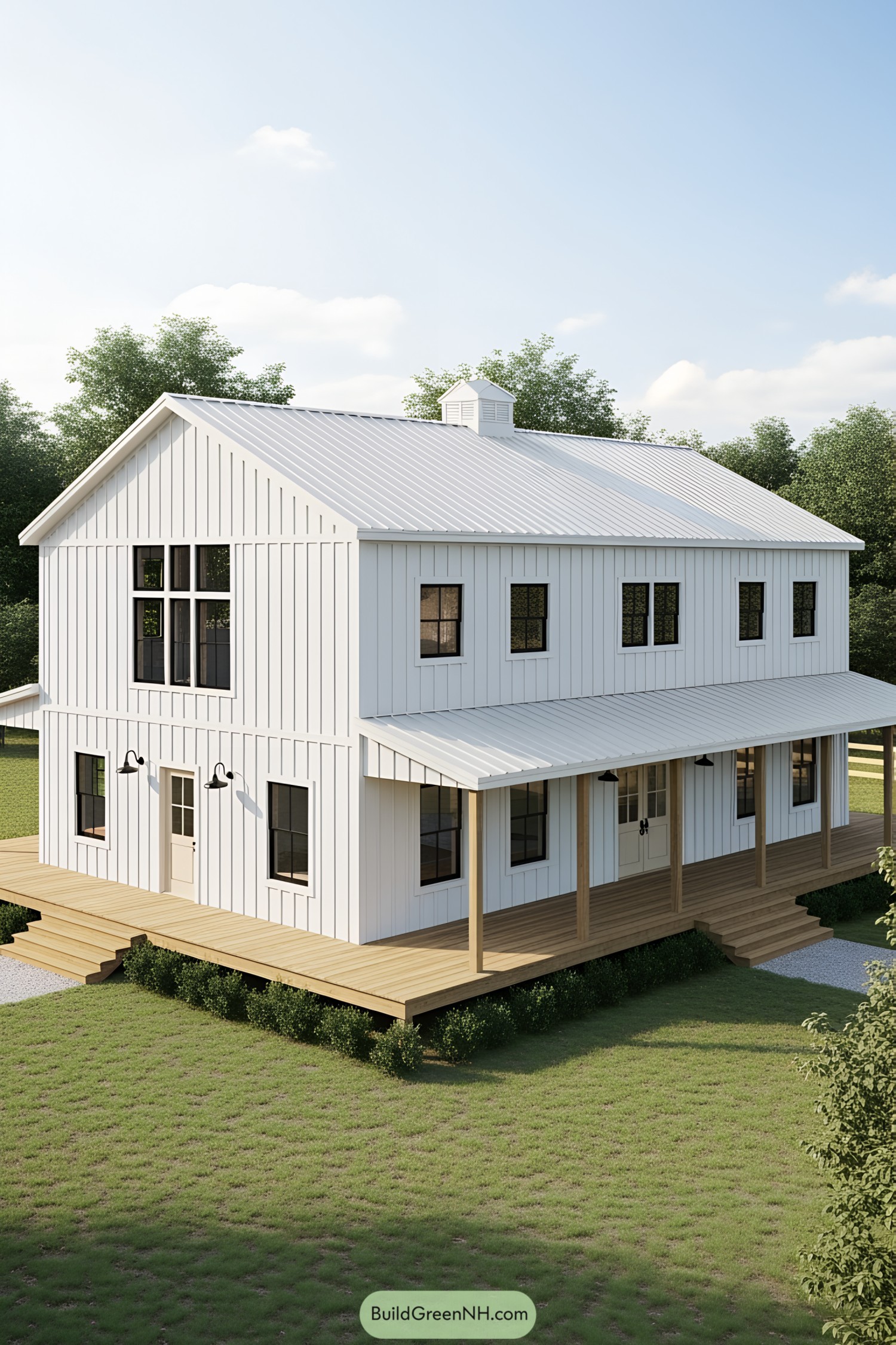 White barndominium with wooden porch and metal roof