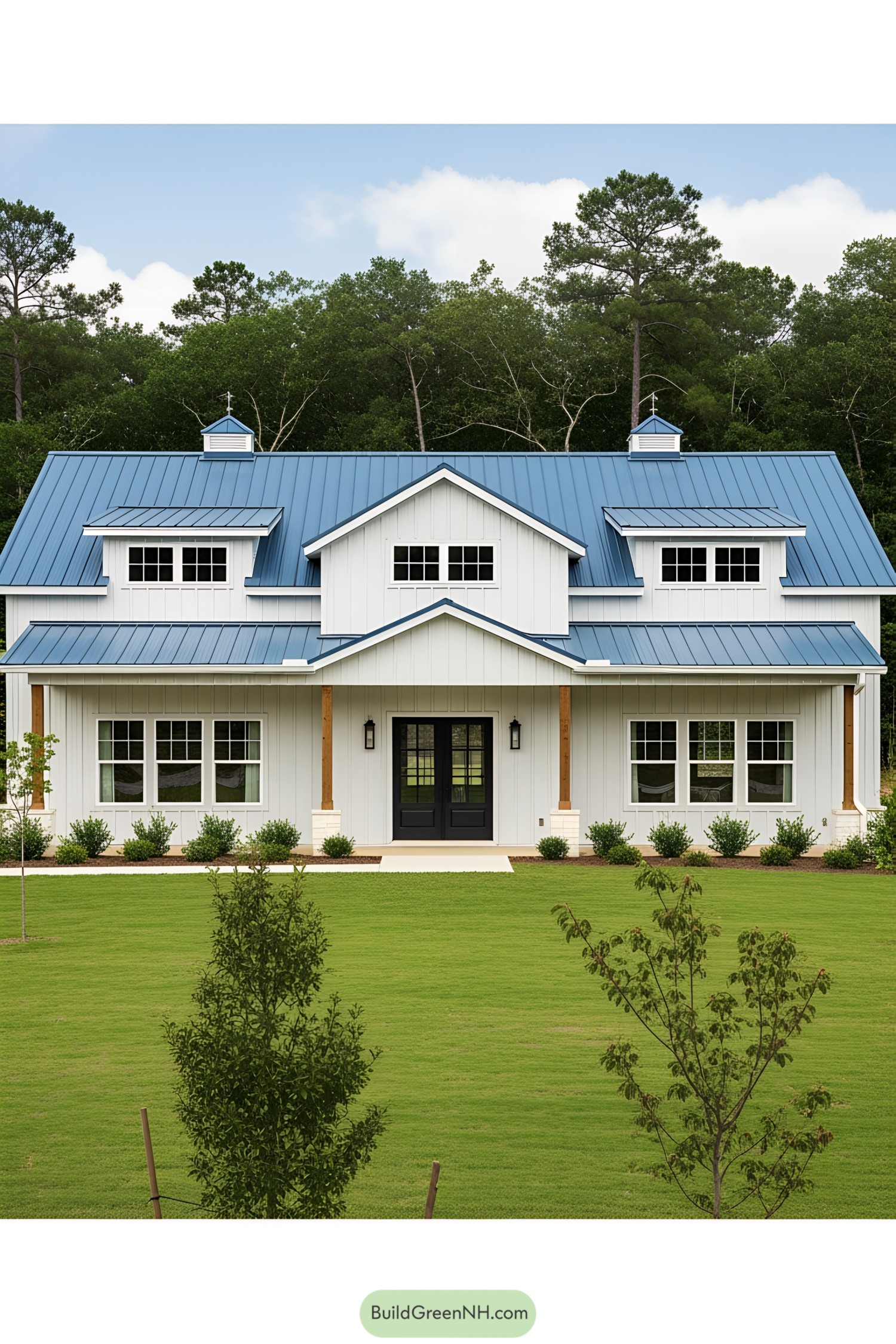 White ranch-style barndominium with a blue metal roof