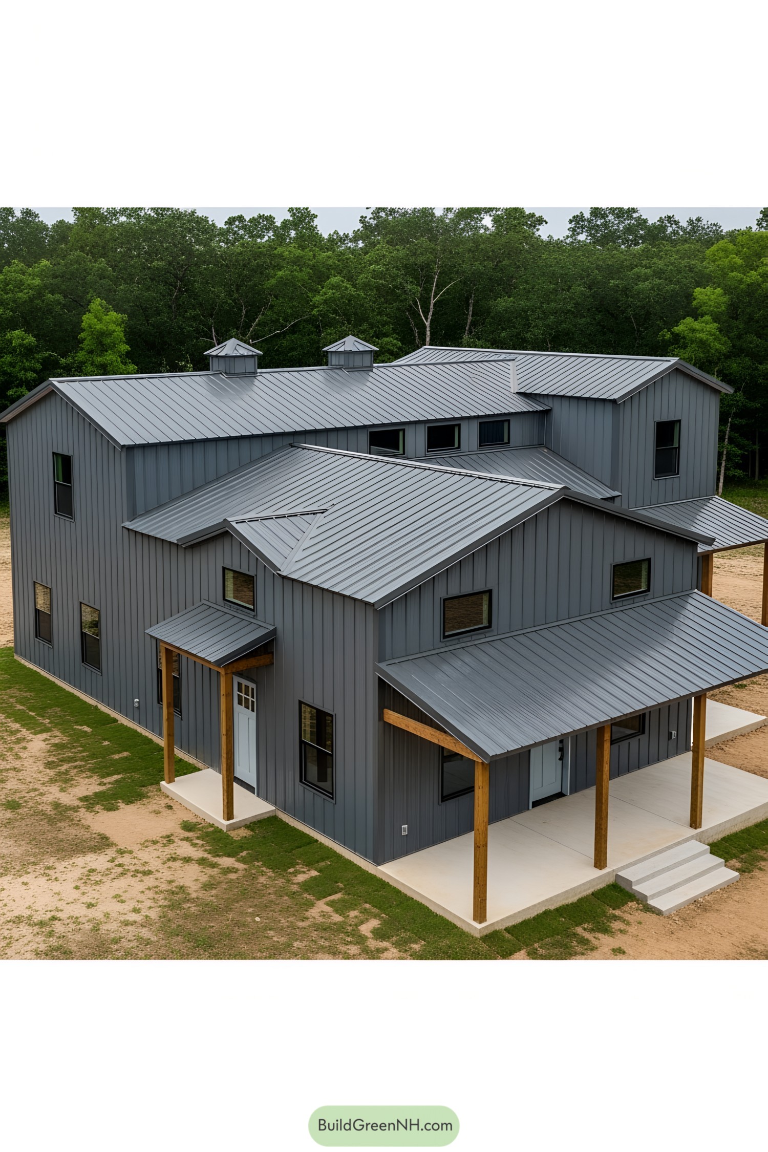 Modern barndominium with a sleek metal exterior and wooden accents