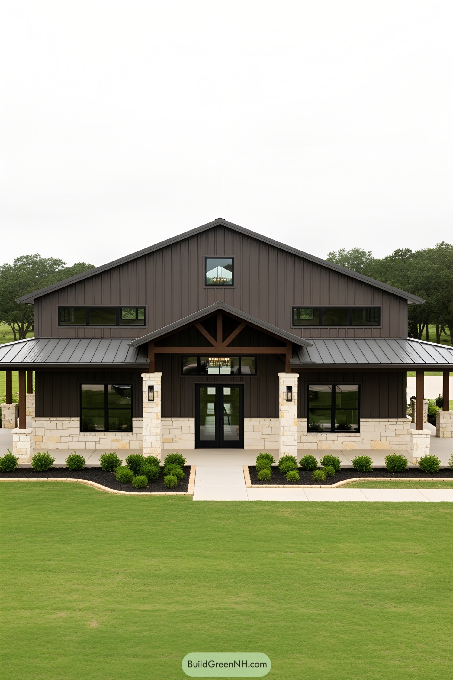 Rustic ranch barndominium with dark wood and stone features