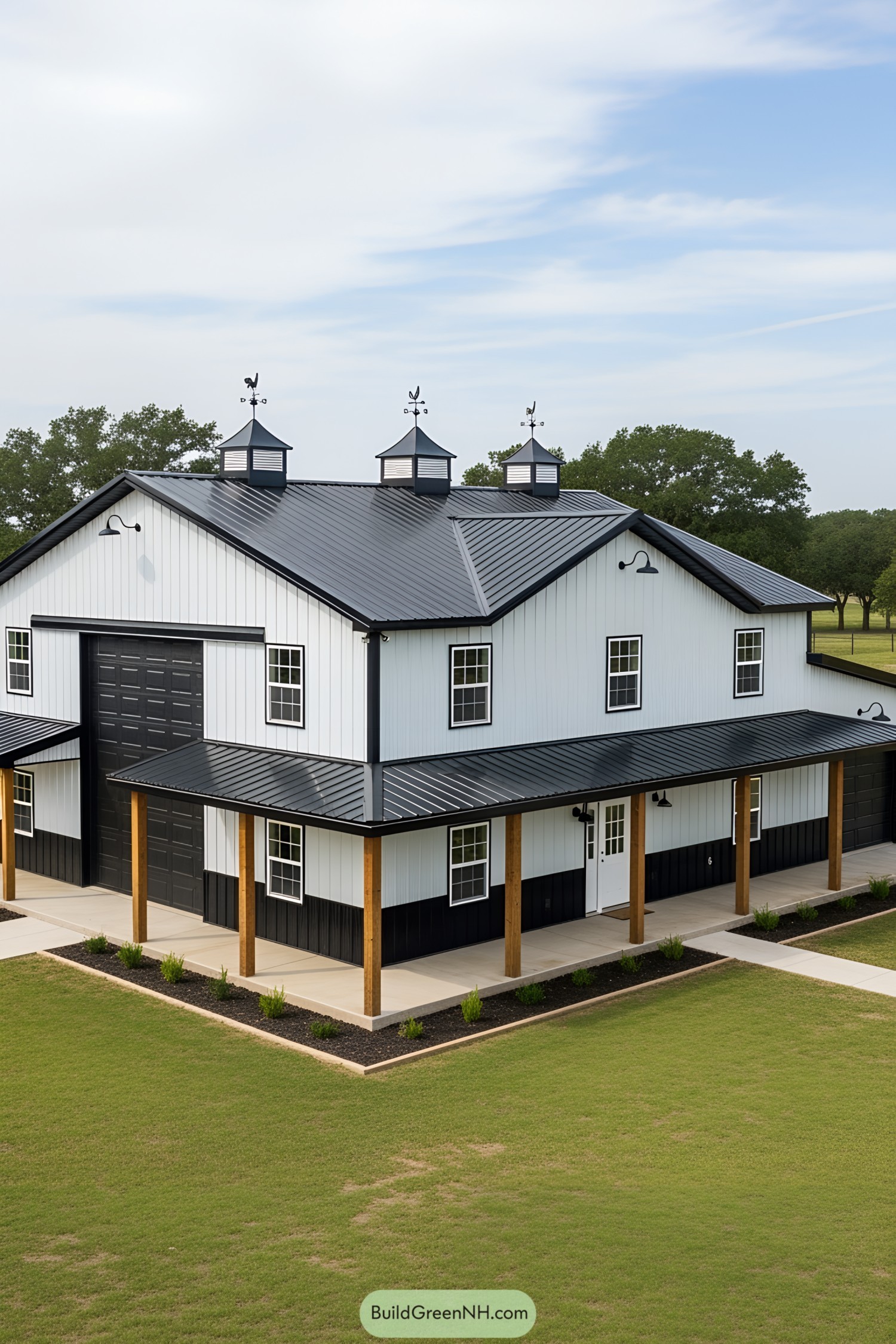 Spacious barndominium with crisp white siding