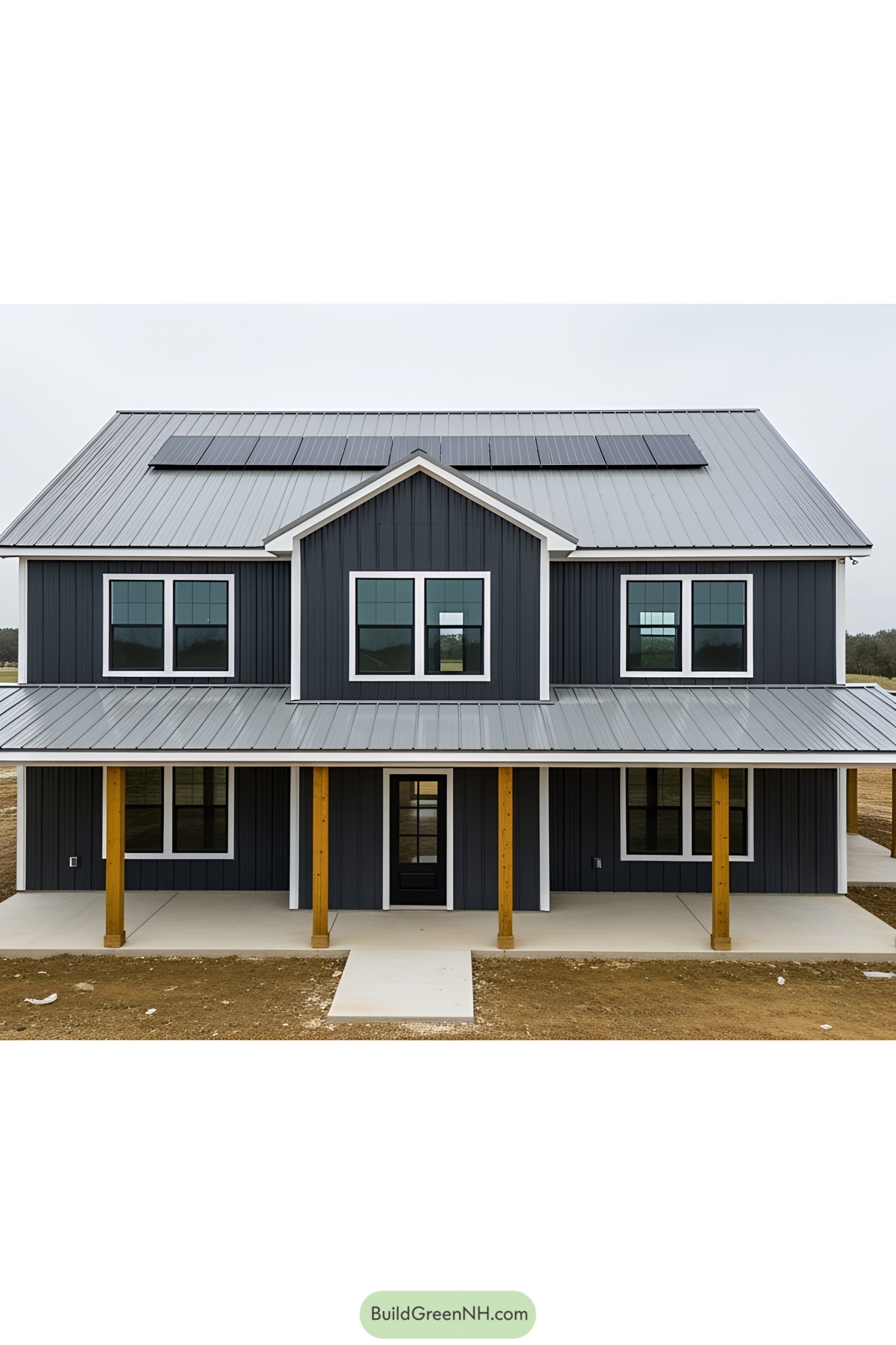 Modern barndominium with solar panels and rustic charm
