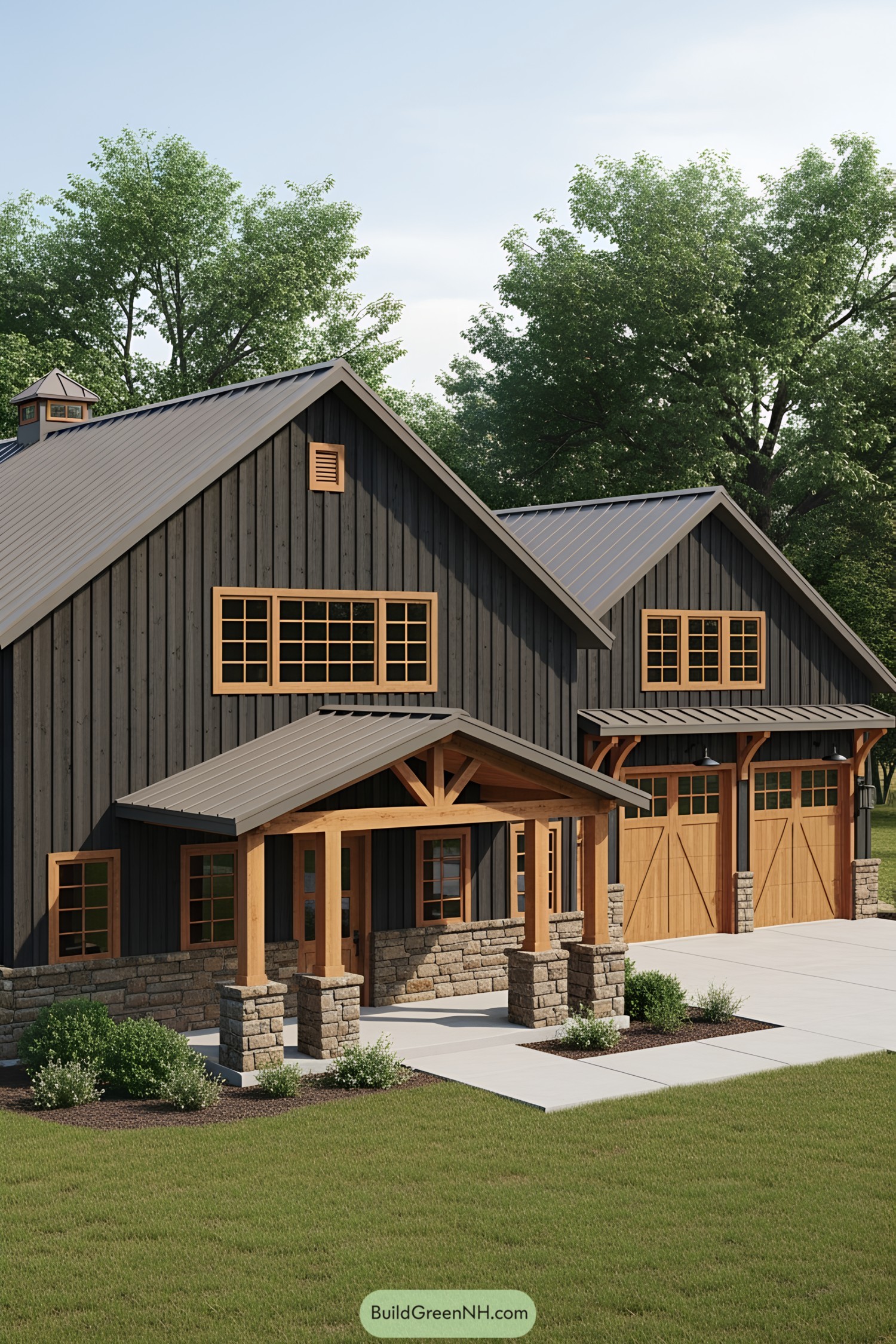 Black barndominium with wooden accents and stone features
