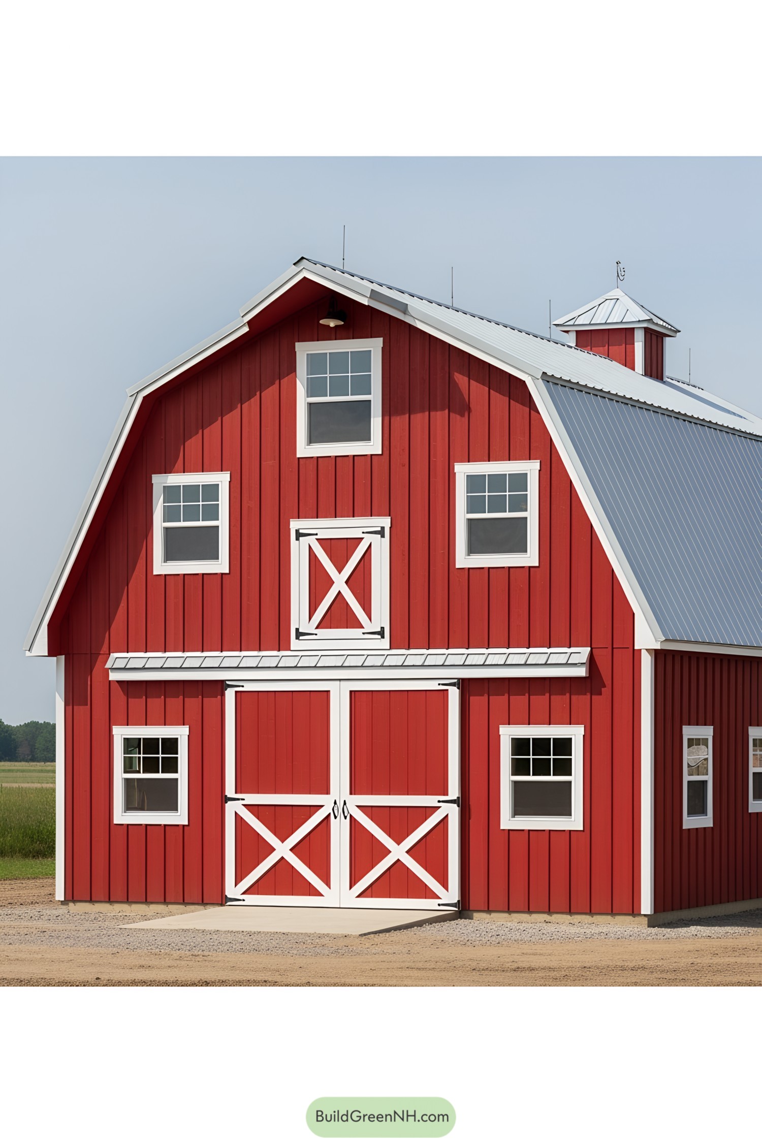 Red barn with white trim and gray roof
