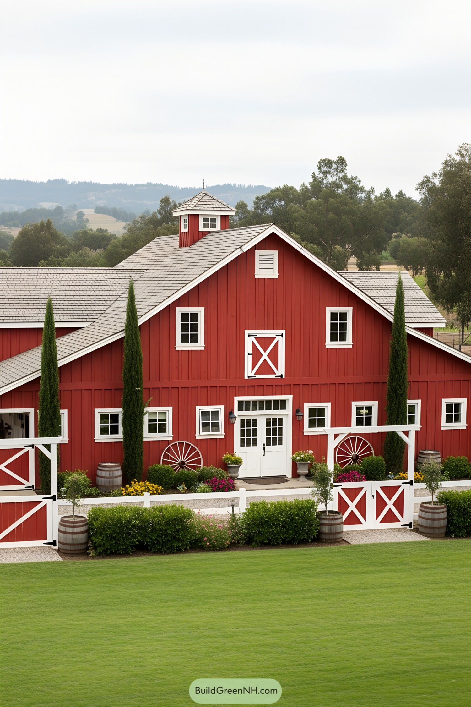 A charming red barn amidst lush greenery