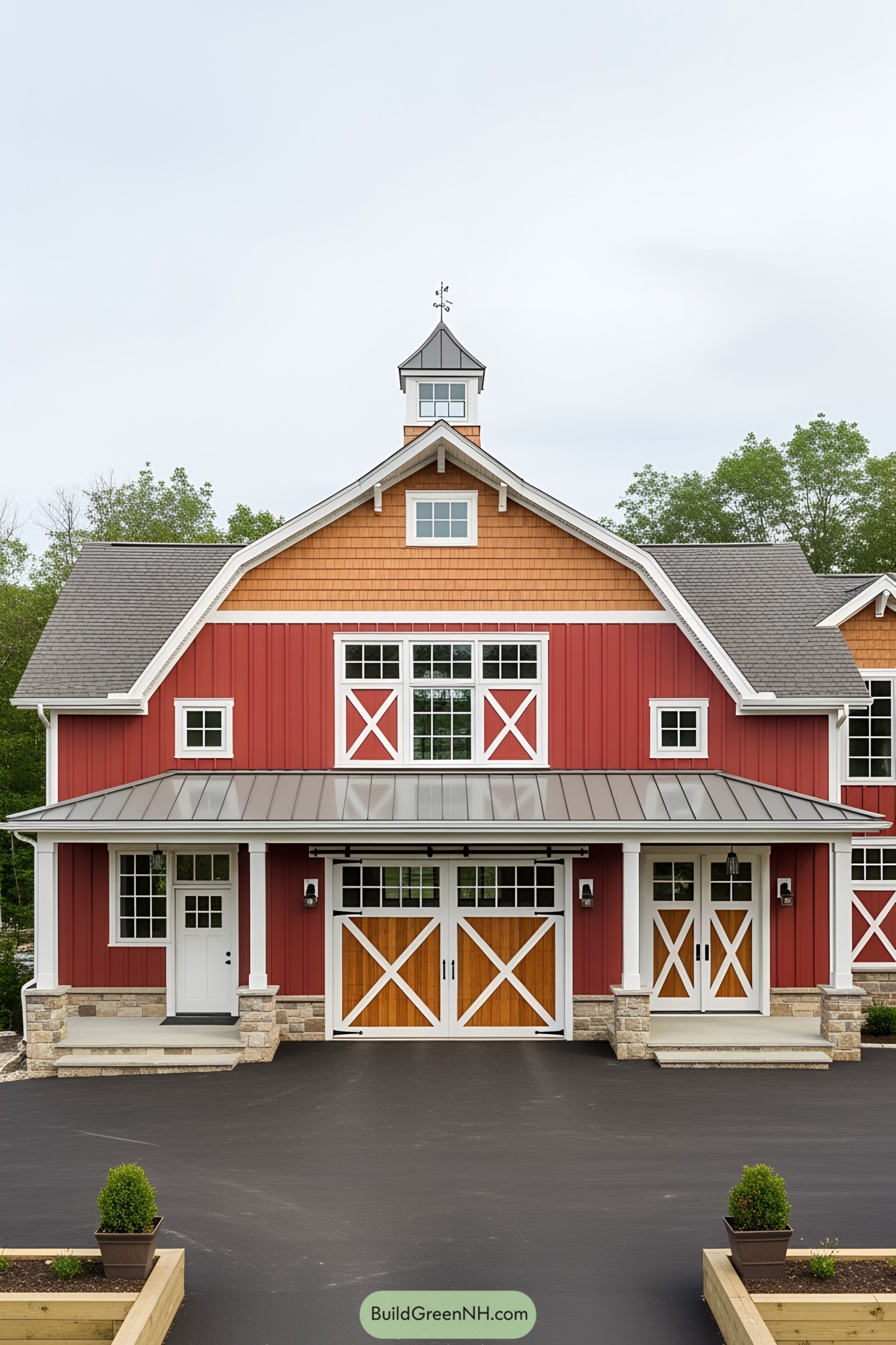 A charming red barn house with gabled roof and wooden doors