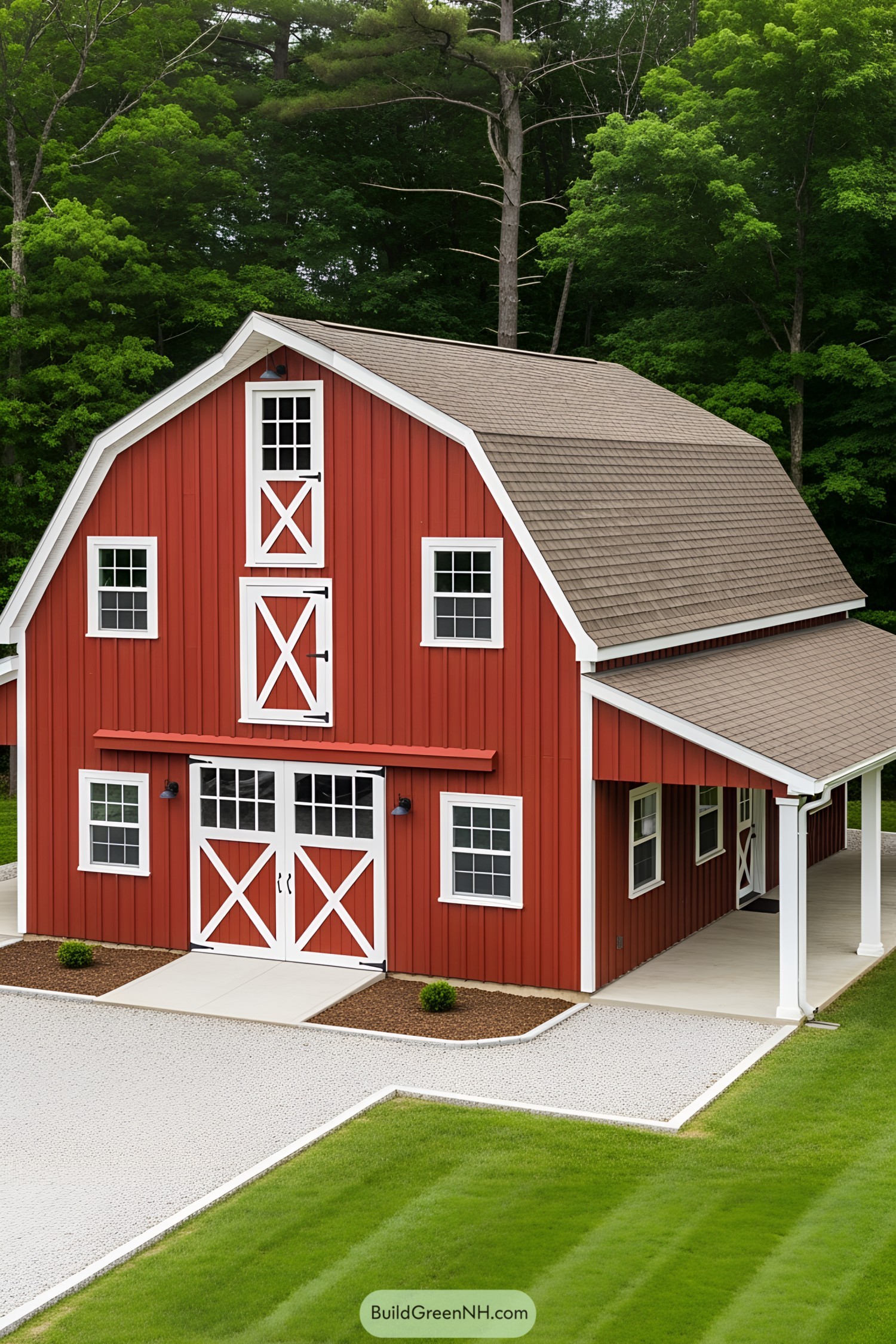 A red barn with white accents and a brown roof