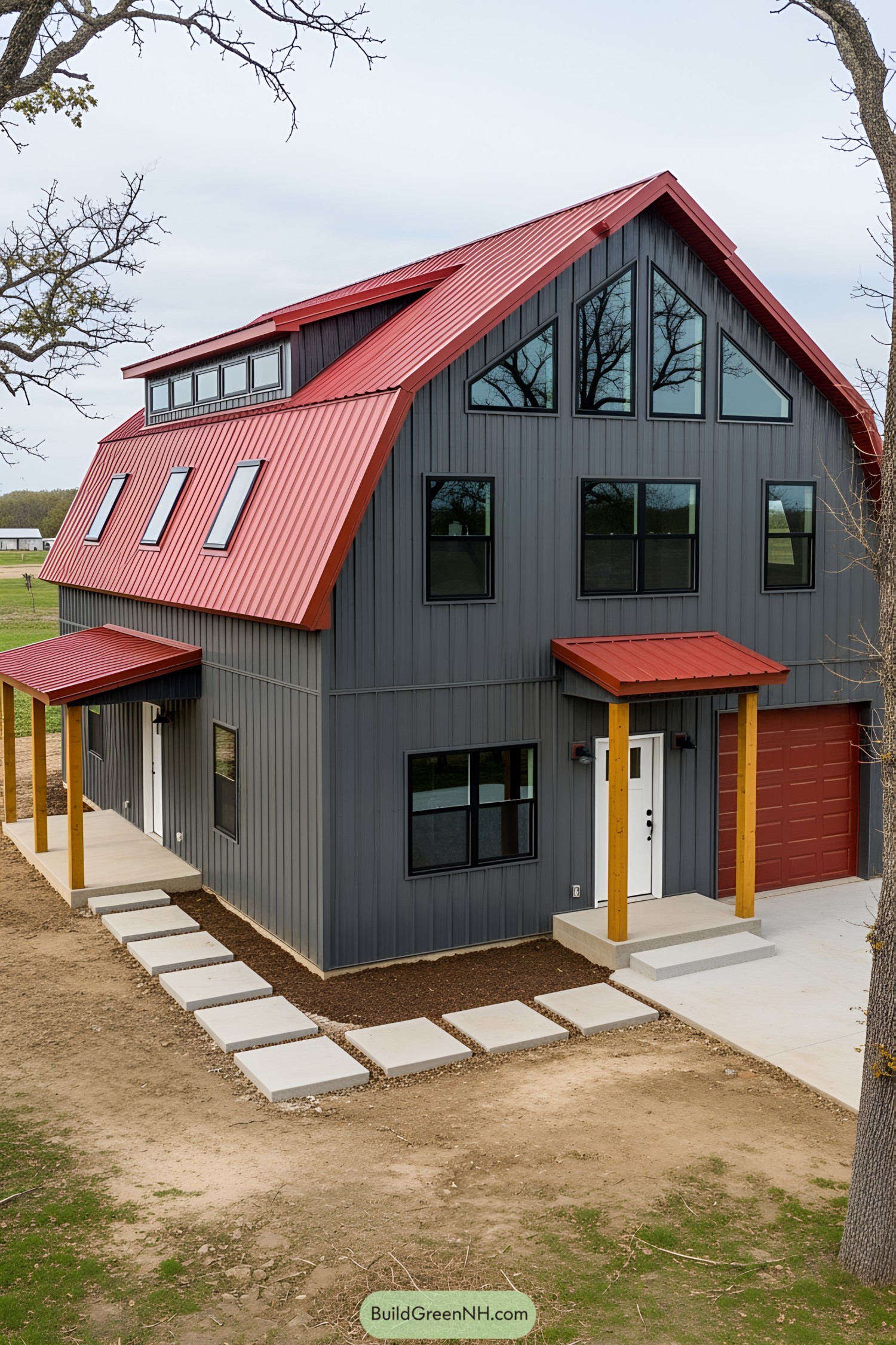 Modern red-roof building with large windows