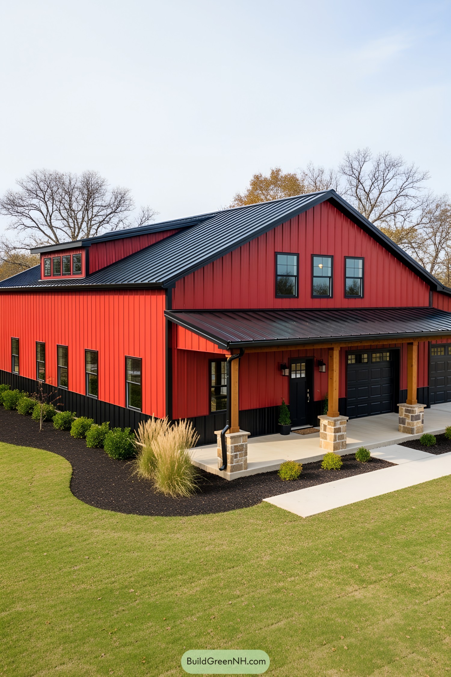 Eye-catching red barndominium with black accents