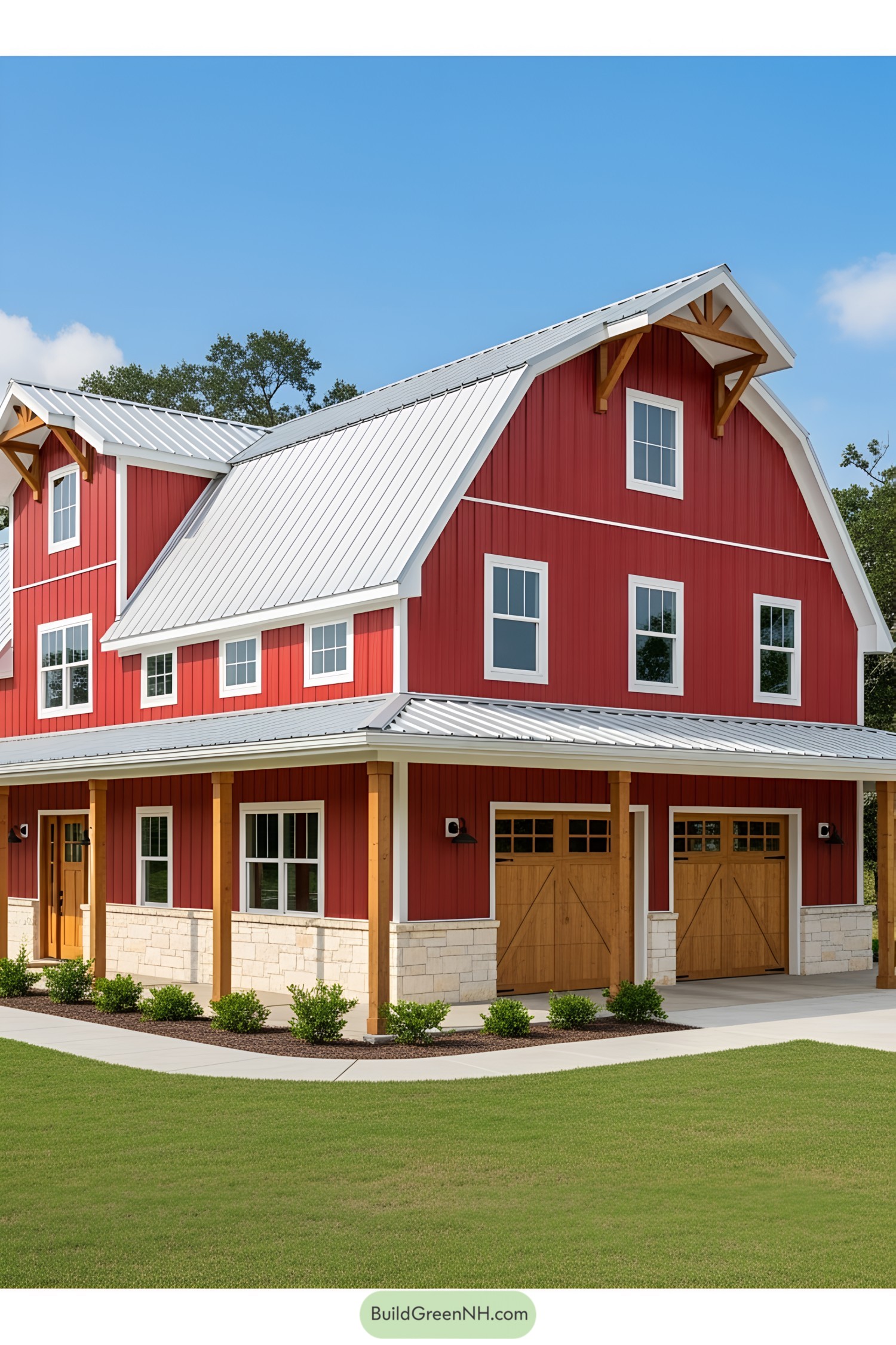 Red barndominium with white roof and wooden accents