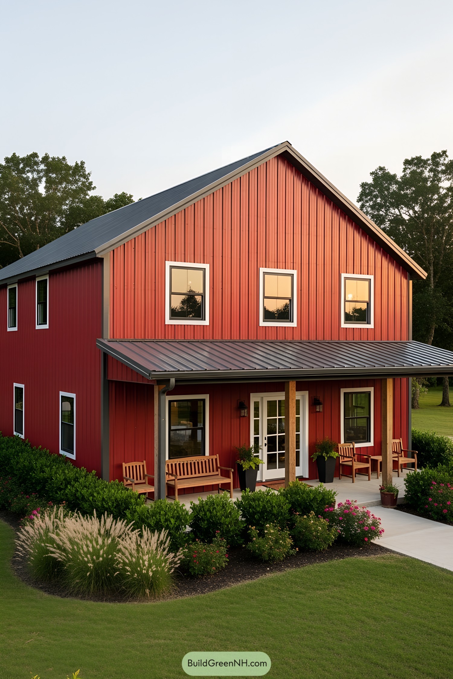 Red barn-style house with benches and greenery