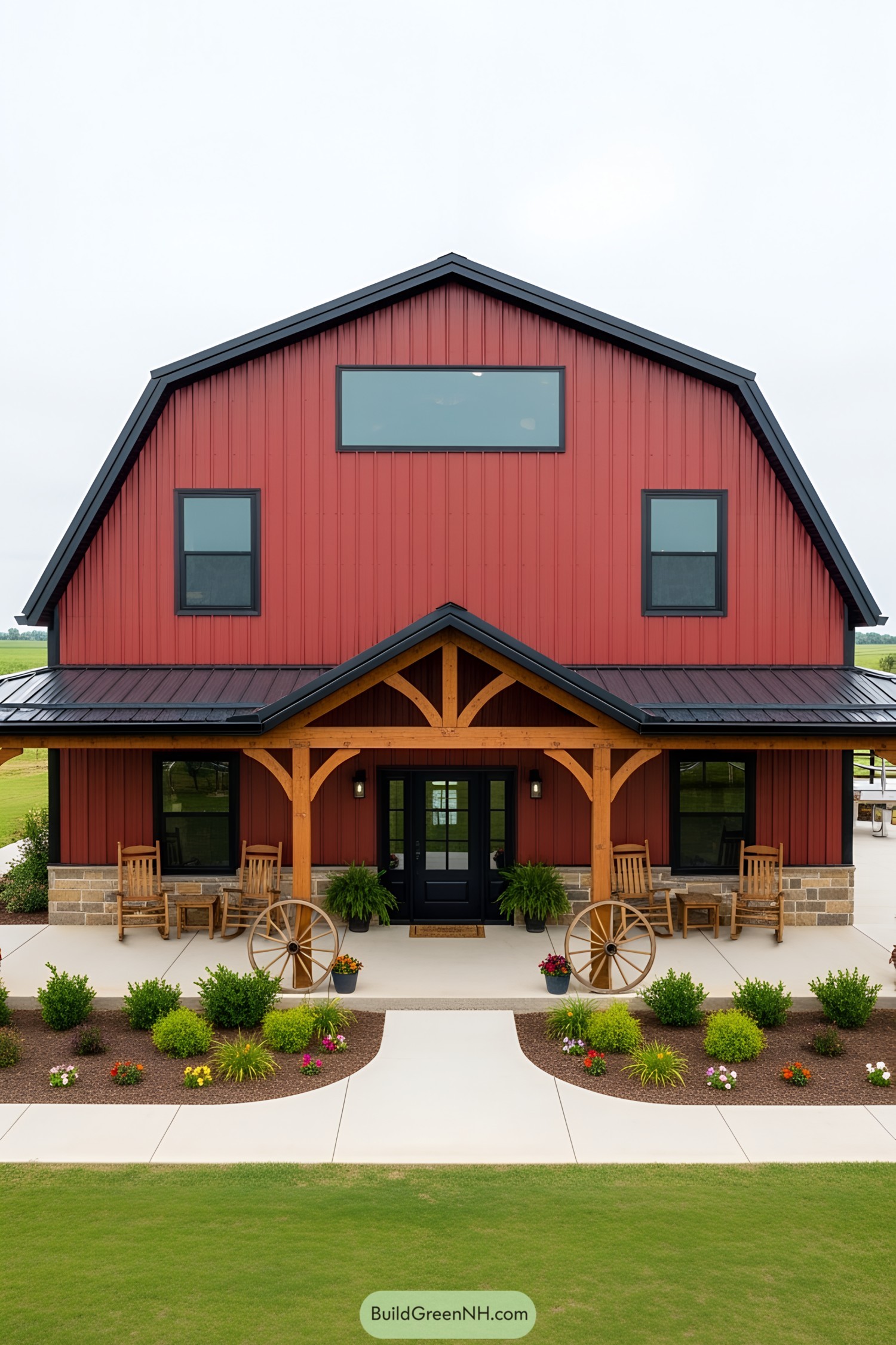 Charming red barndominium with rustic porch