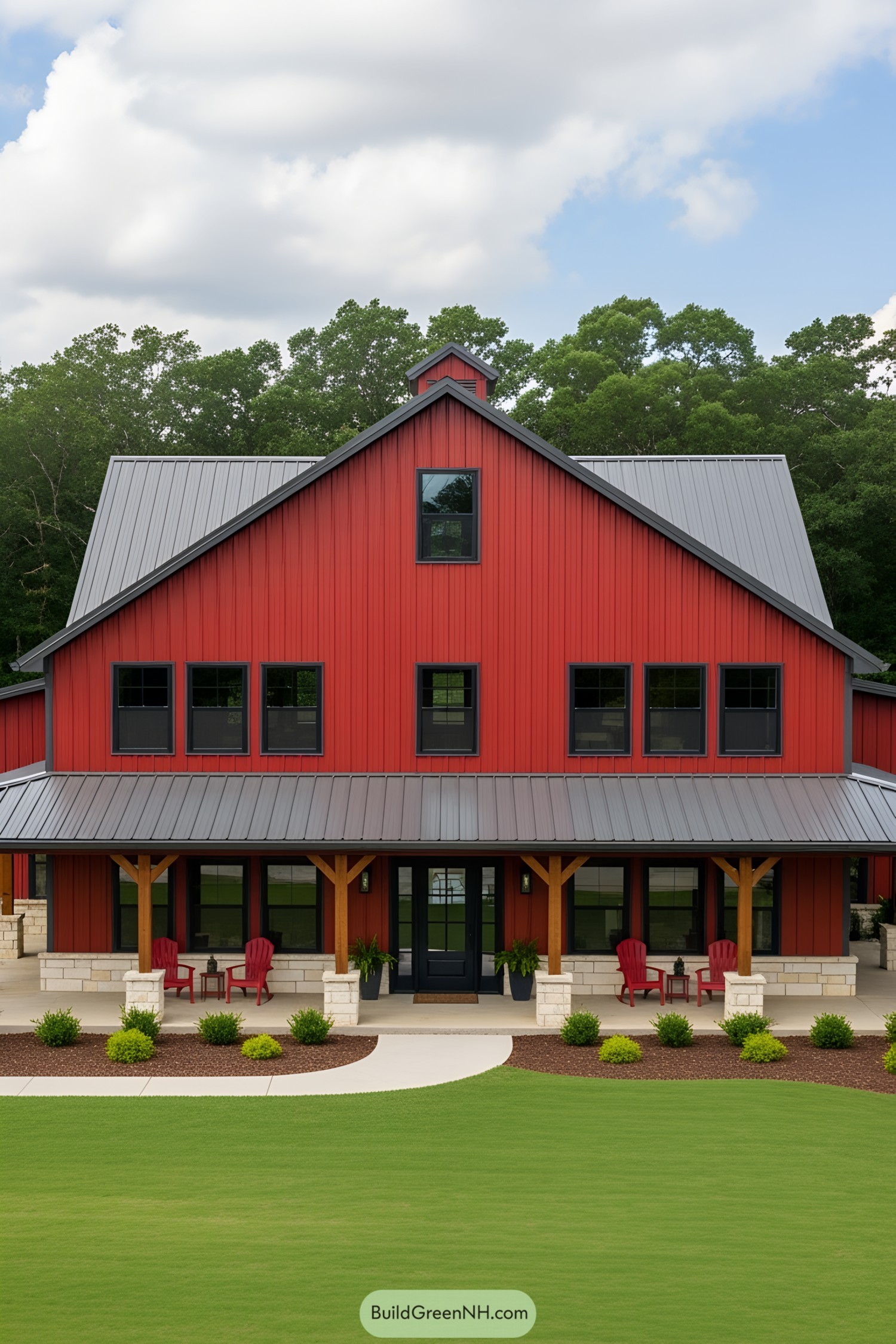 Stunning red barndominium with a metal roof