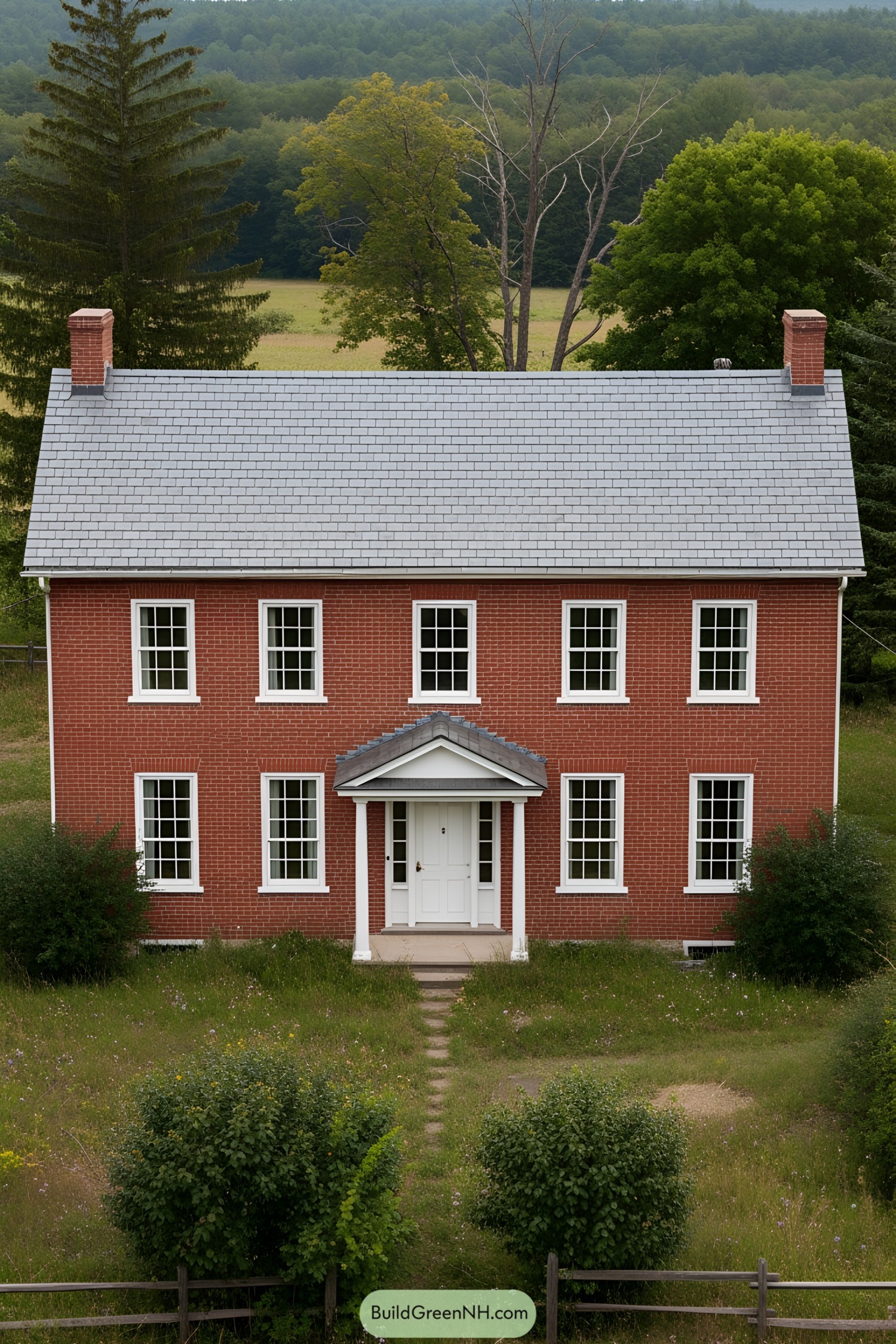 Red brick farmhouse with a white entrance and lush surroundings