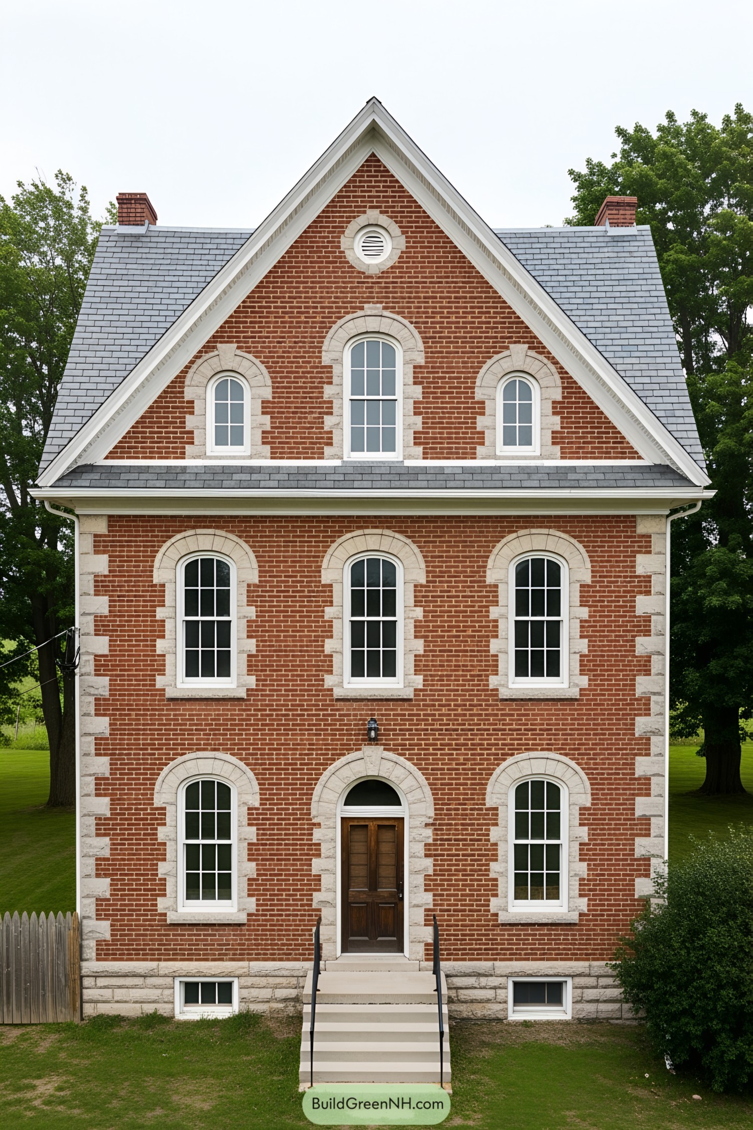 Charming red brick farmhouse with arched windows