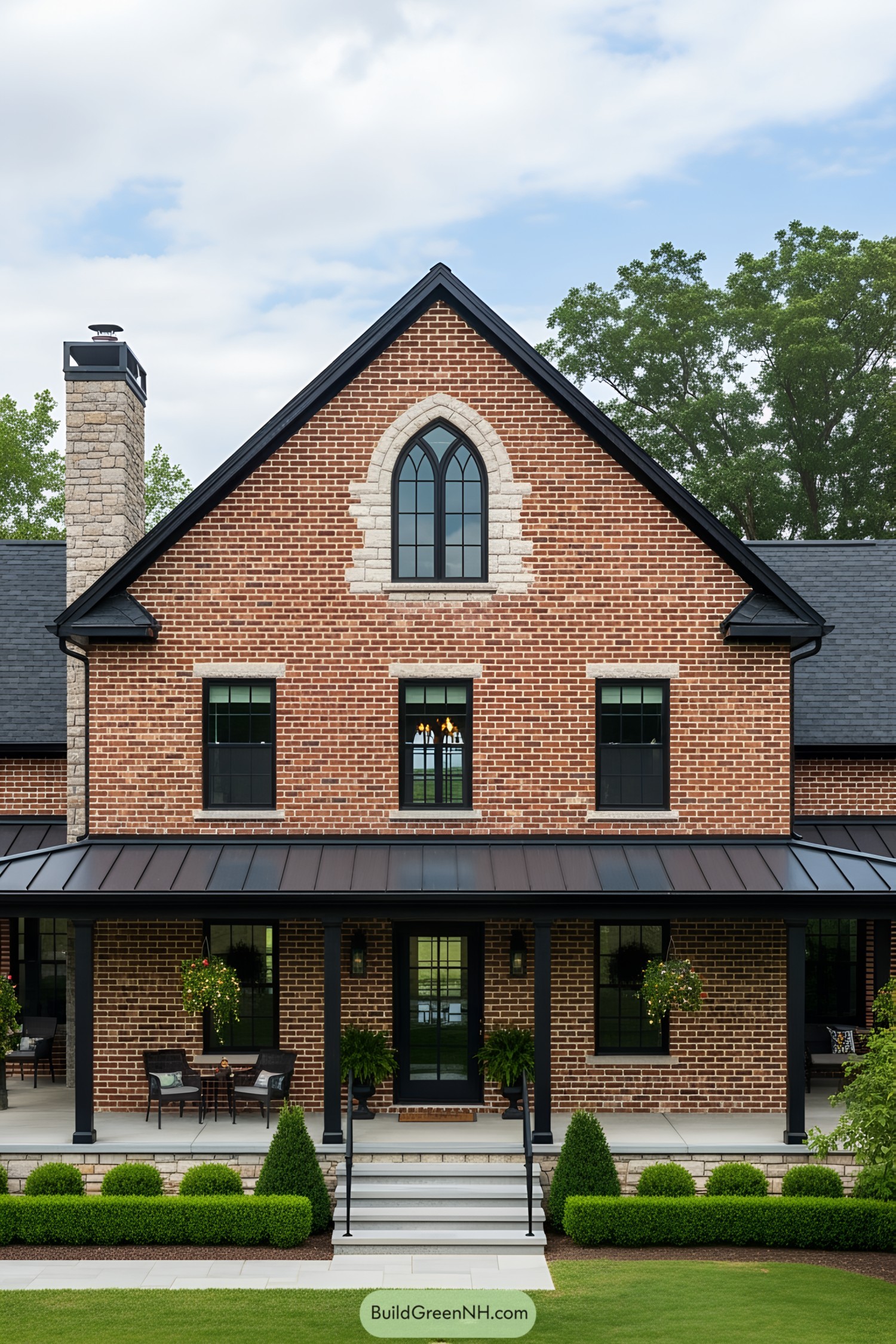 A charming red brick farmhouse with cozy porch seating