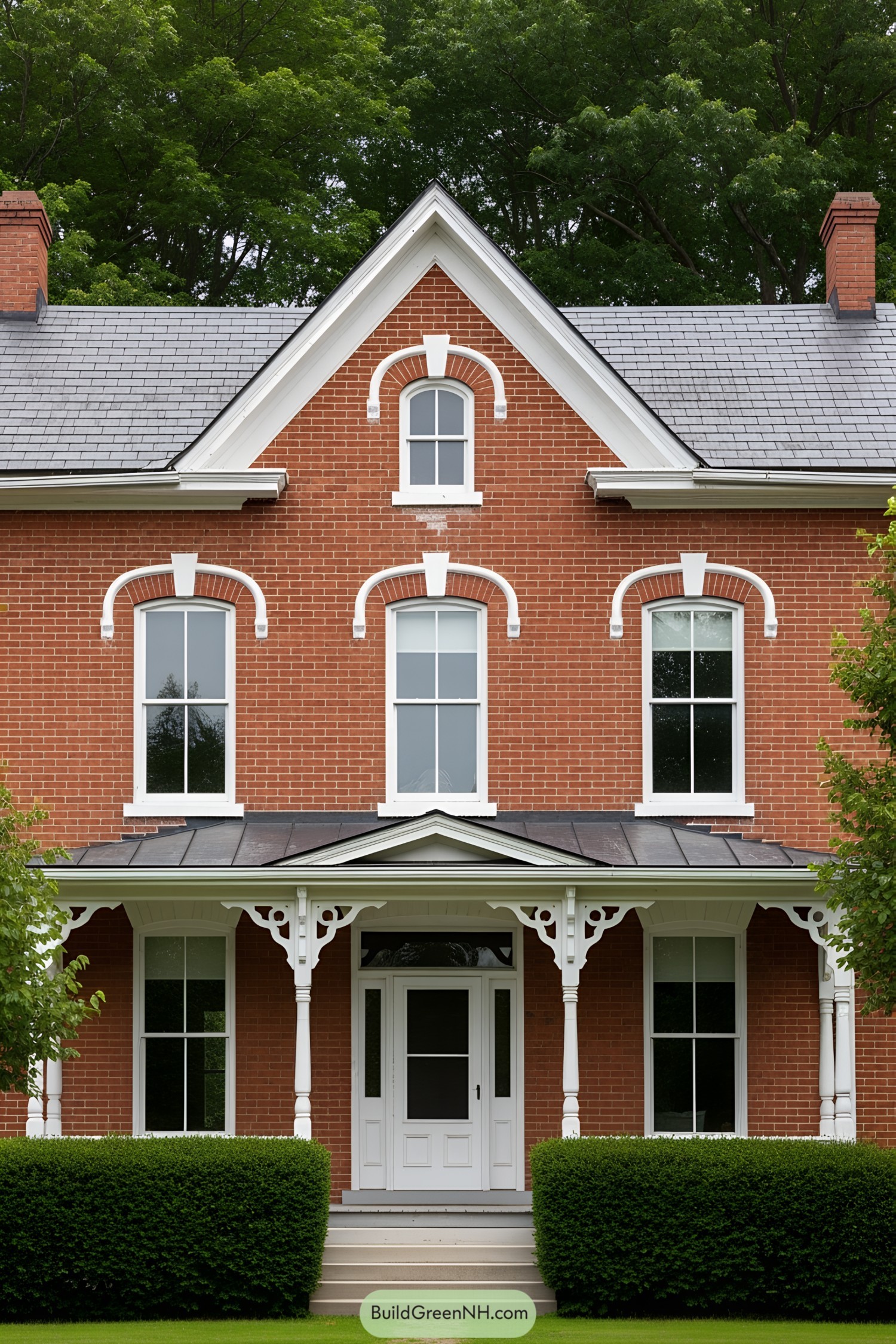 Charming red brick farmhouse with ornate white trim