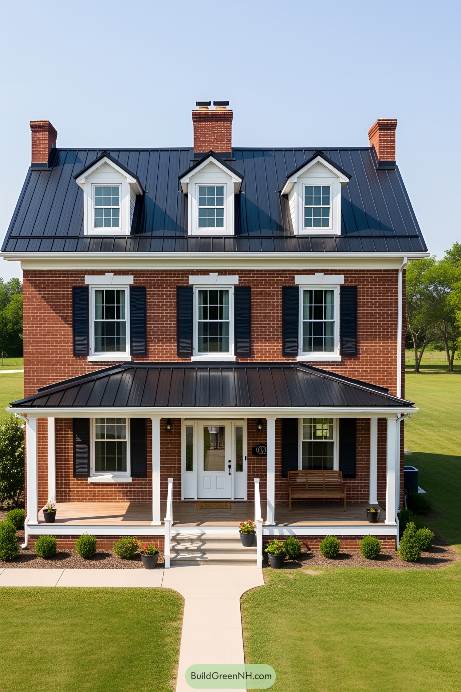 Charming three-story red brick farmhouse with a metal roof and a front porch