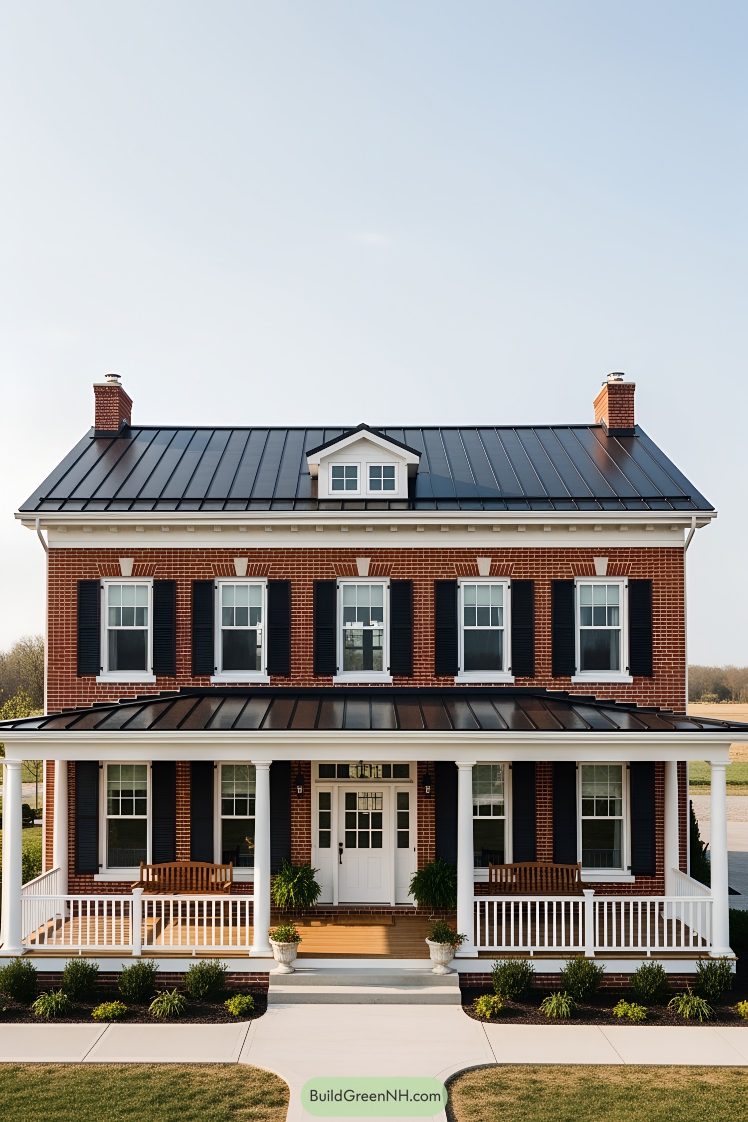 Red brick farmhouse with black shutters and porch