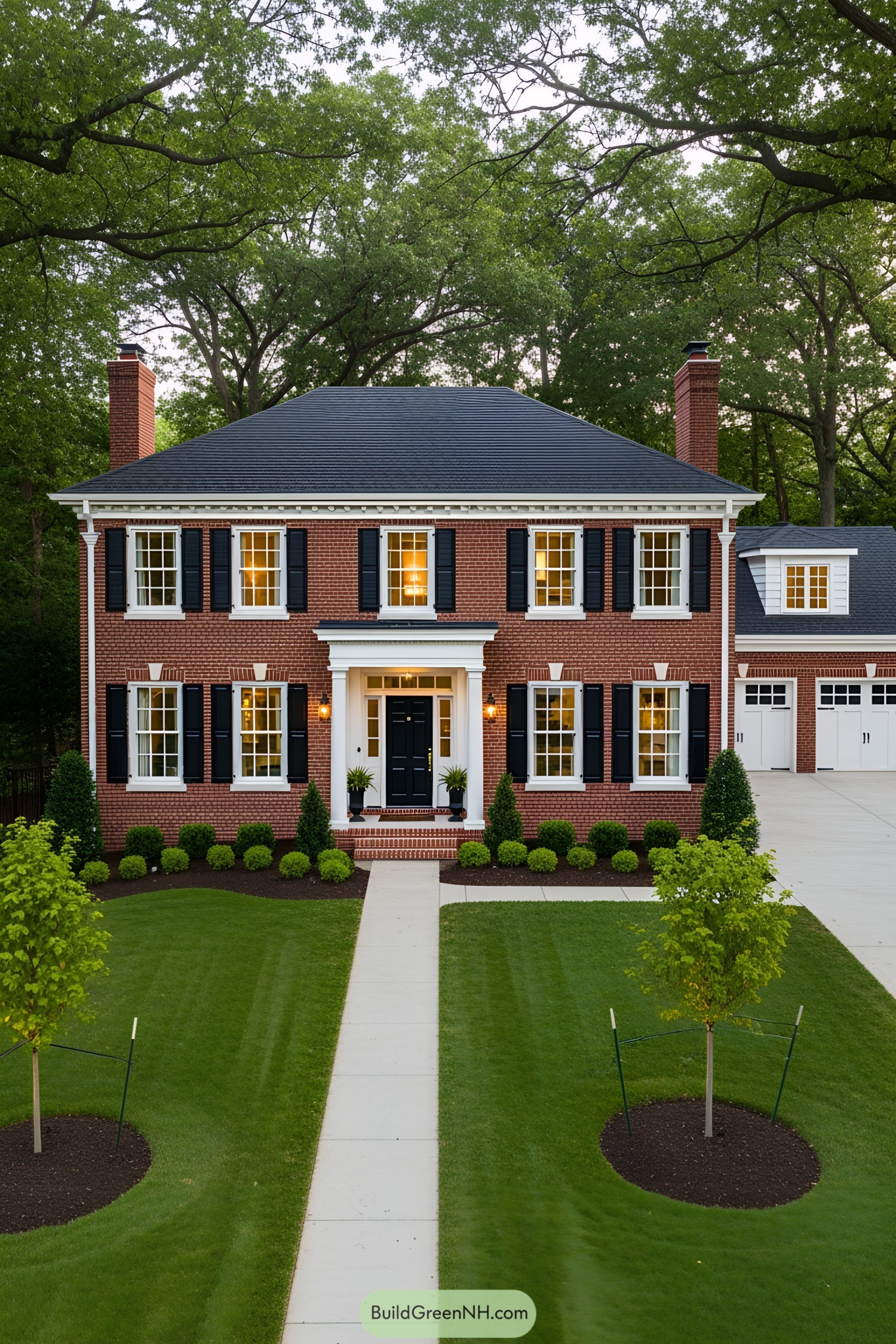 Stately red brick farmhouse with manicured lawn