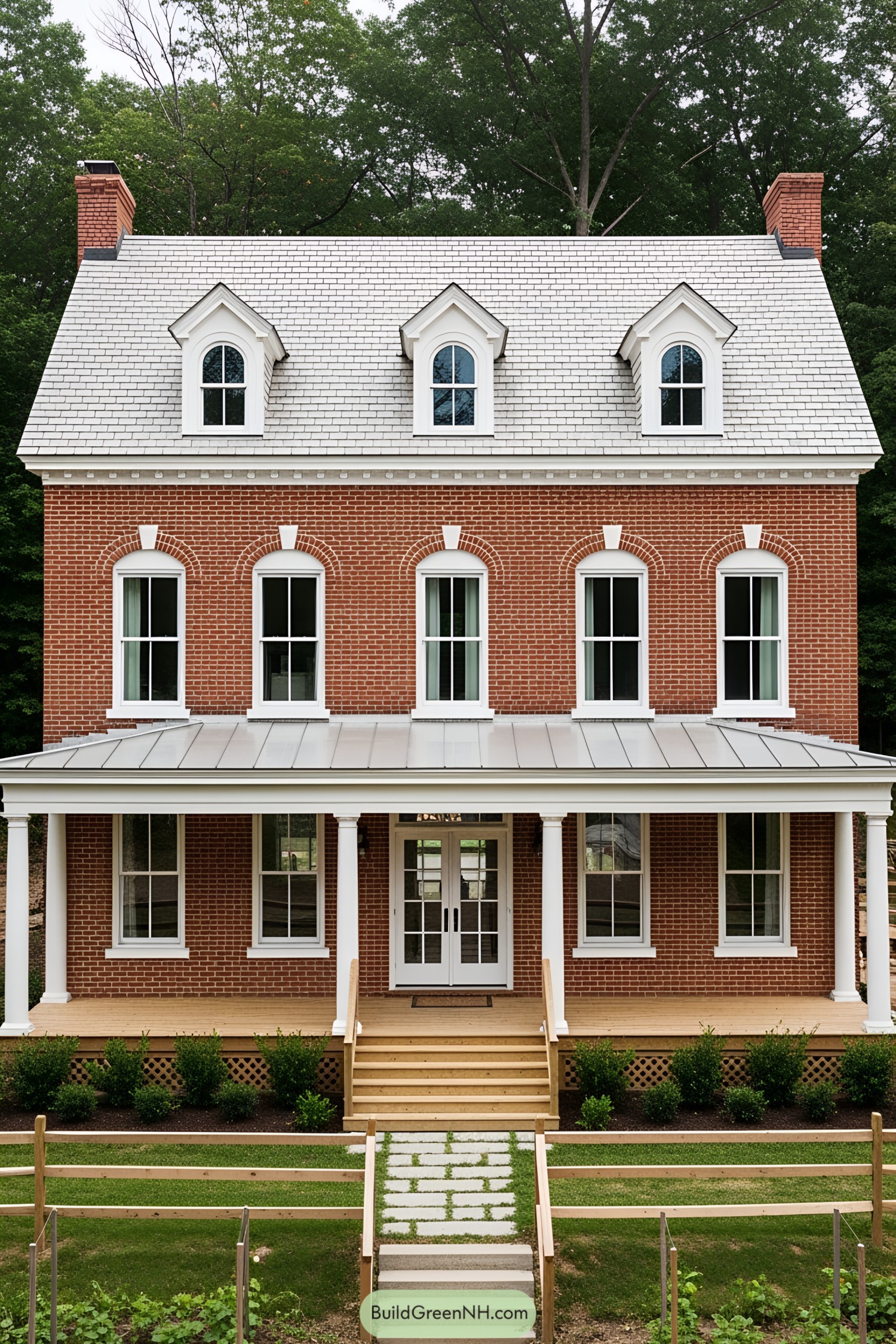 Stately red brick farmhouse with white trim and a lush green backdrop
