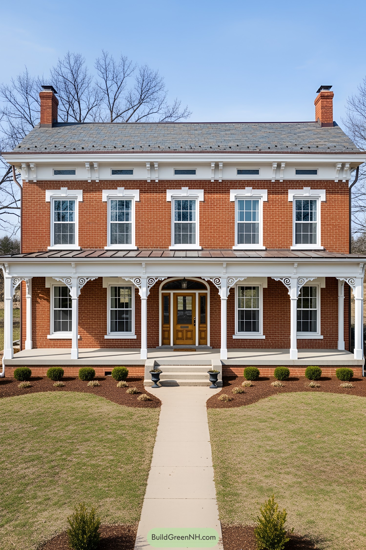 Charming farmhouse with red brick and ornate white trim