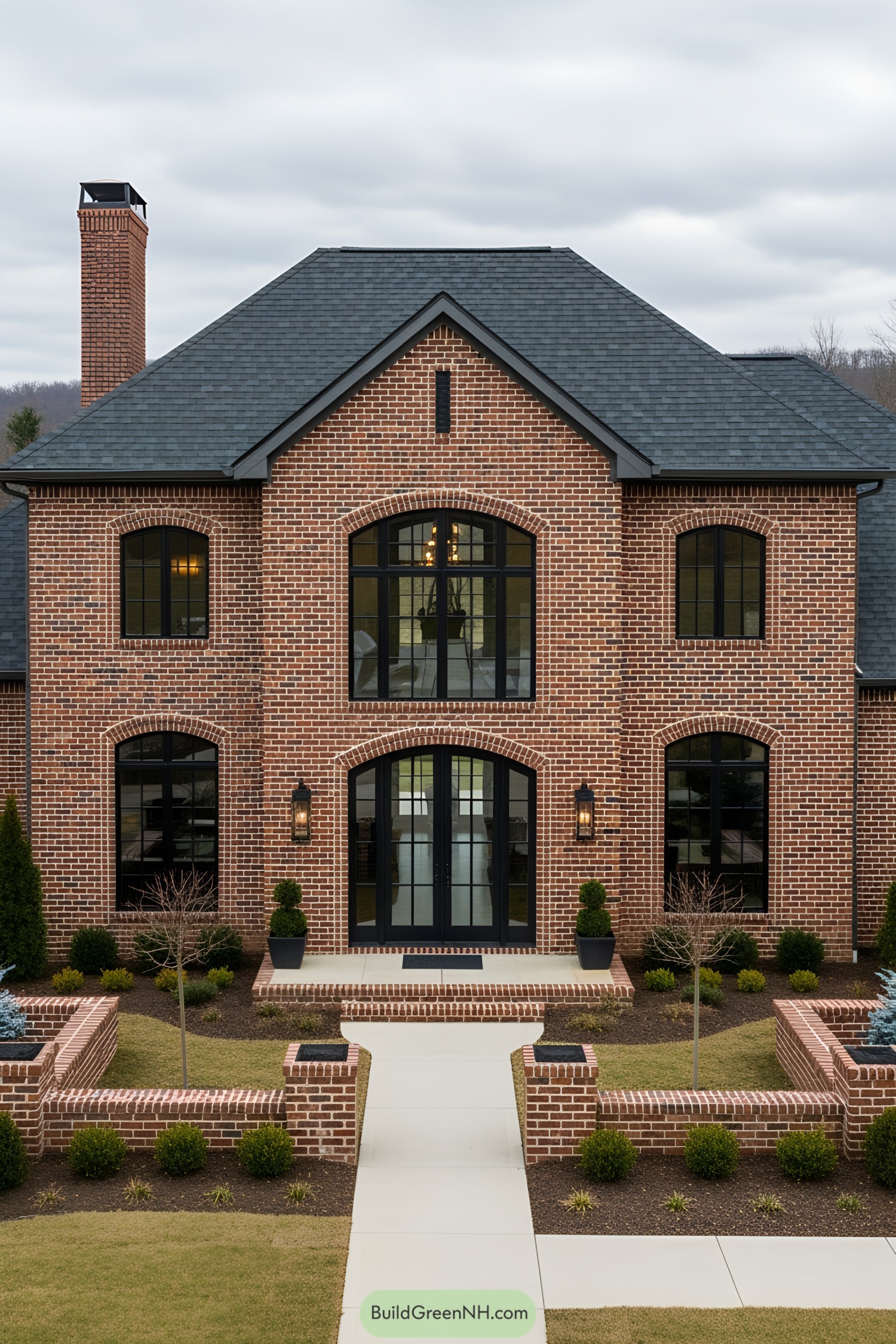 Red brick farmhouse with dark roof and elegant entrance