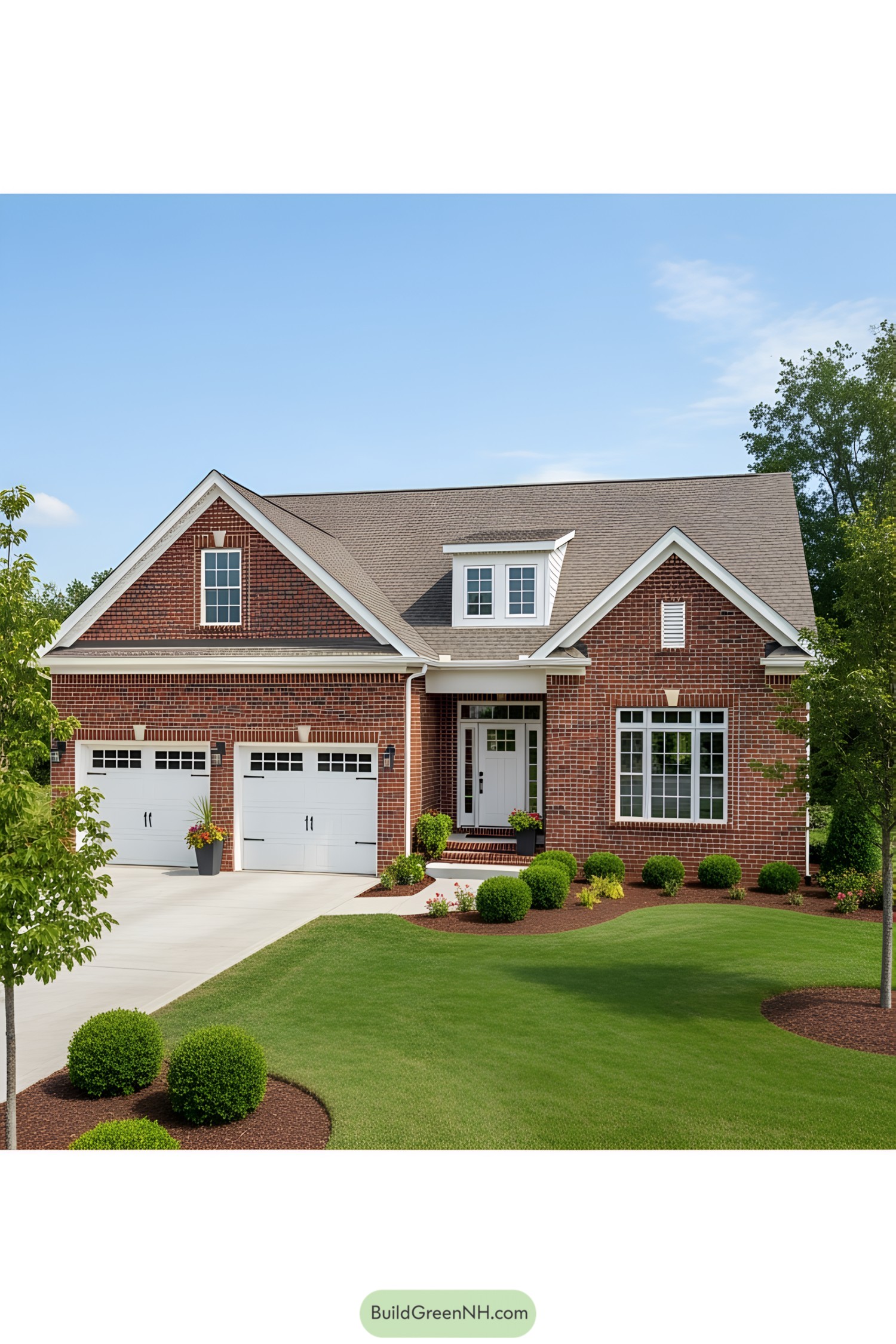 Charming red brick farmhouse with white doors and manicured lawn
