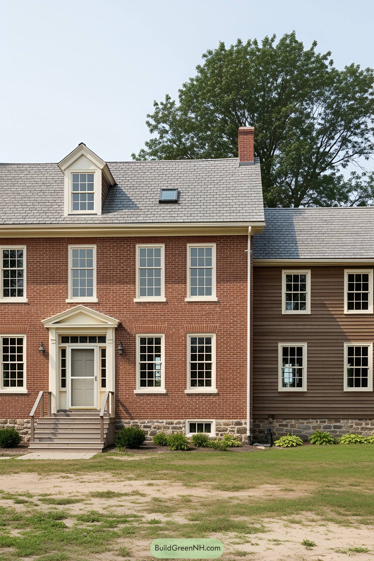 Red brick farmhouse with gray roof and windows