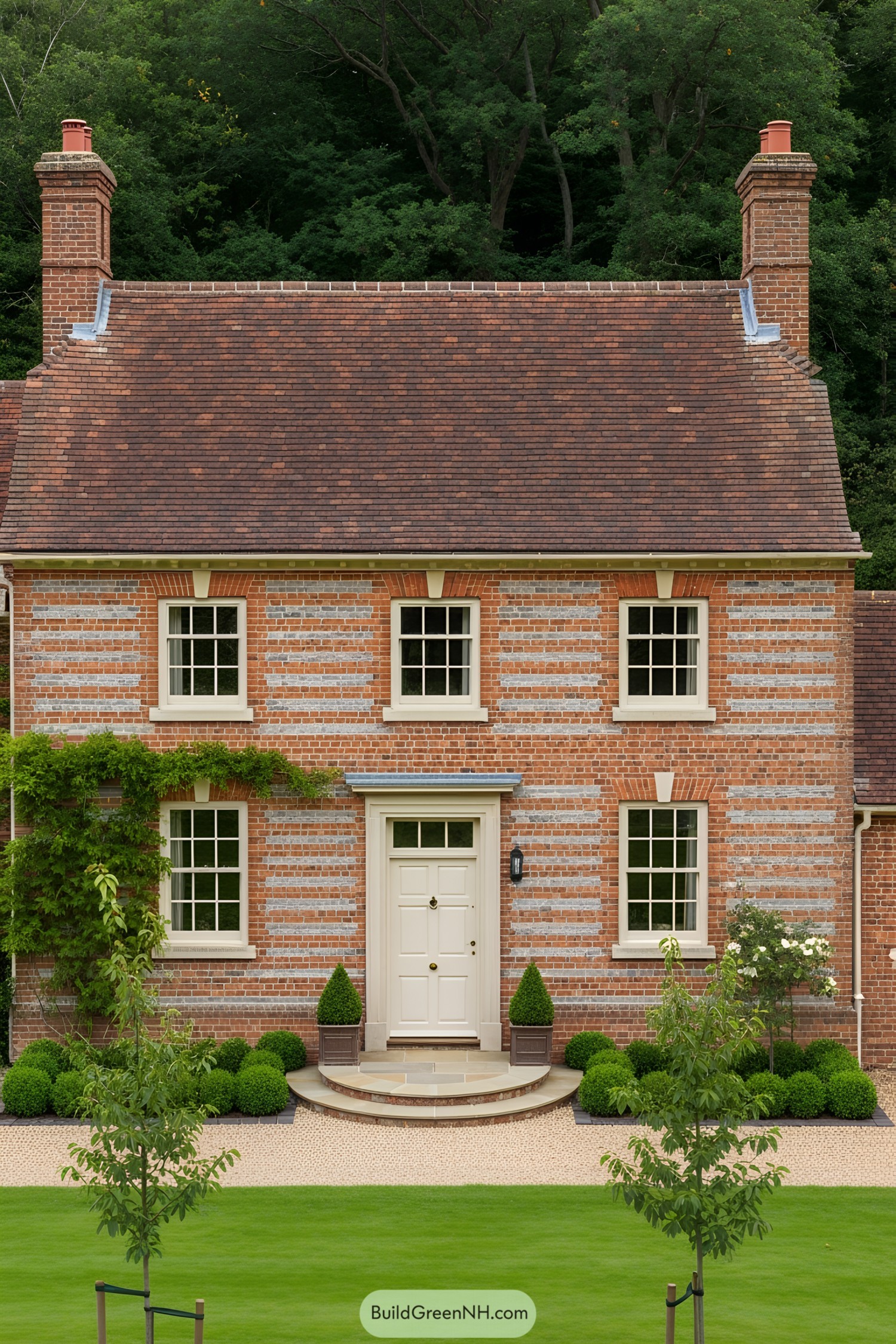 Quaint red brick farmhouse with white framed windows