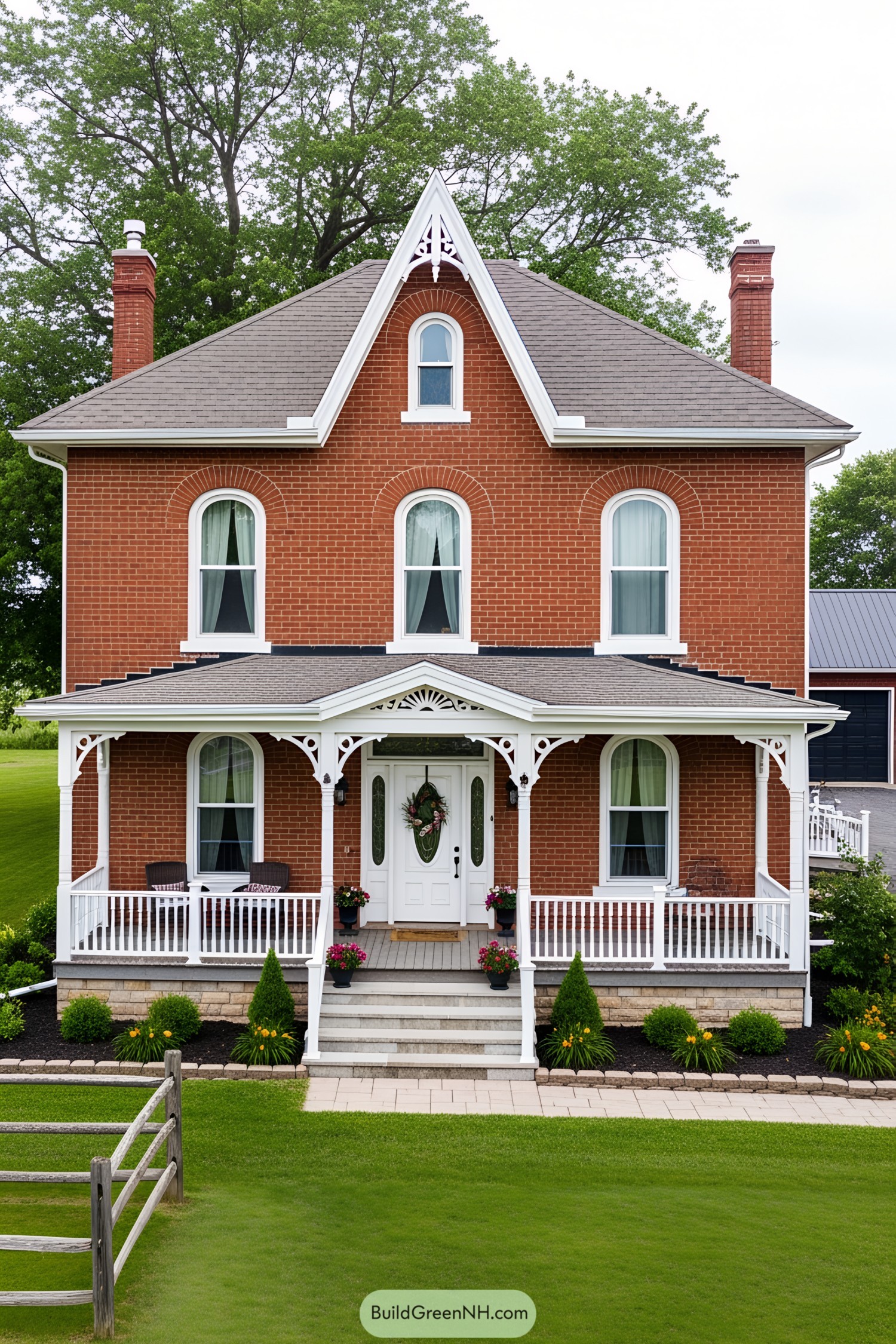 Quaint red brick house with white trim and porch
