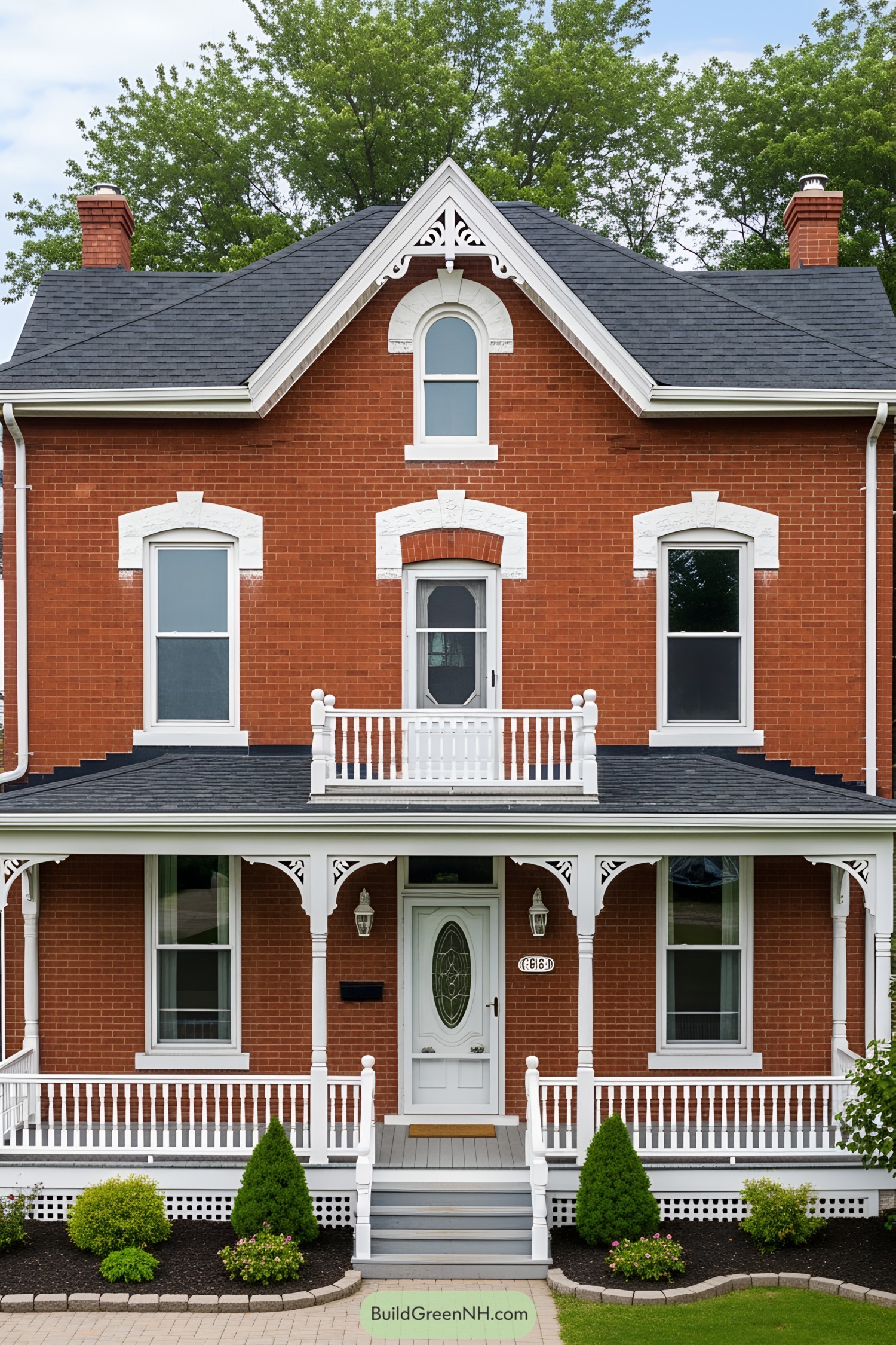 Classic red brick farmhouse with ornate white trim and charming porch