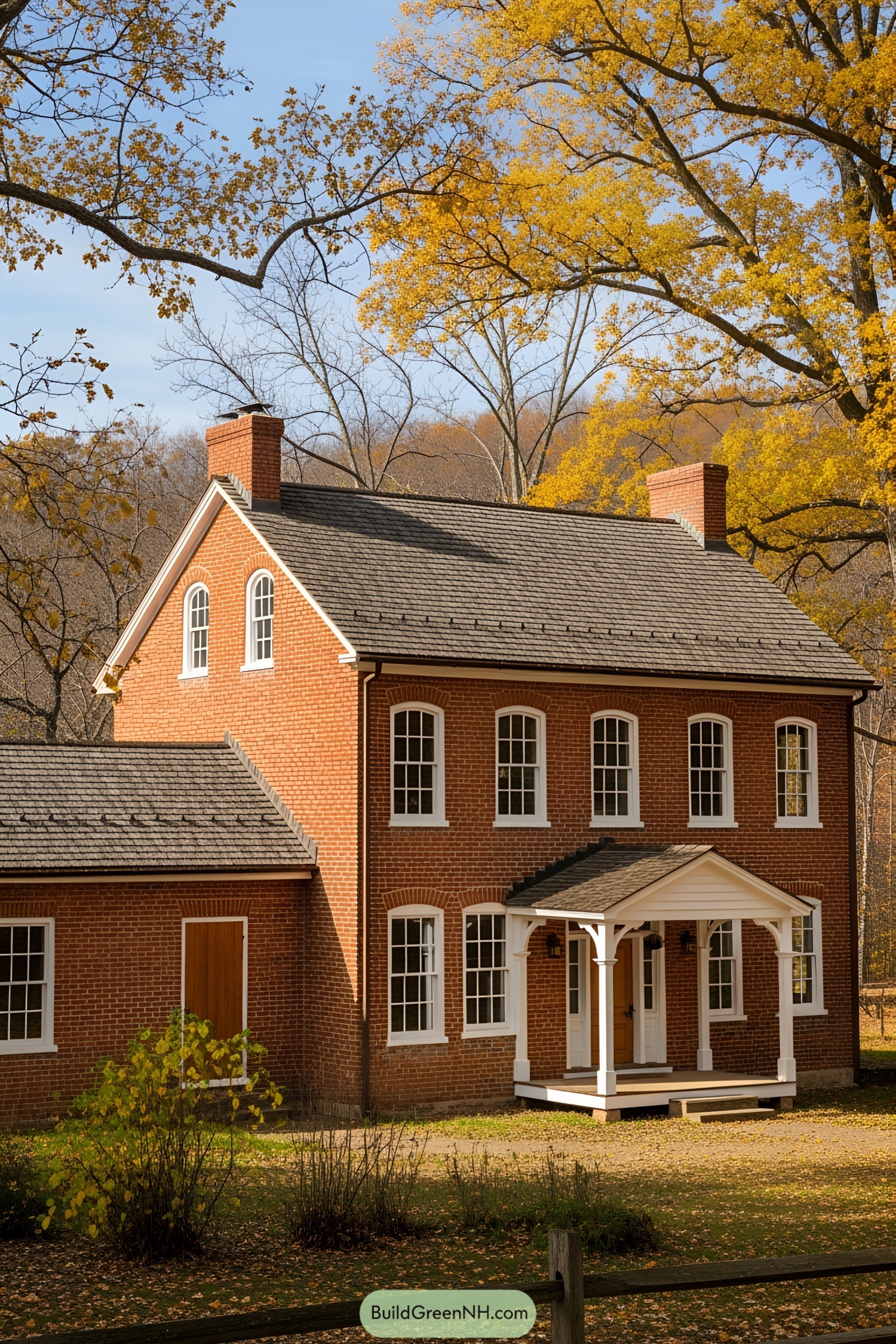 Charming red brick farmhouse with trees