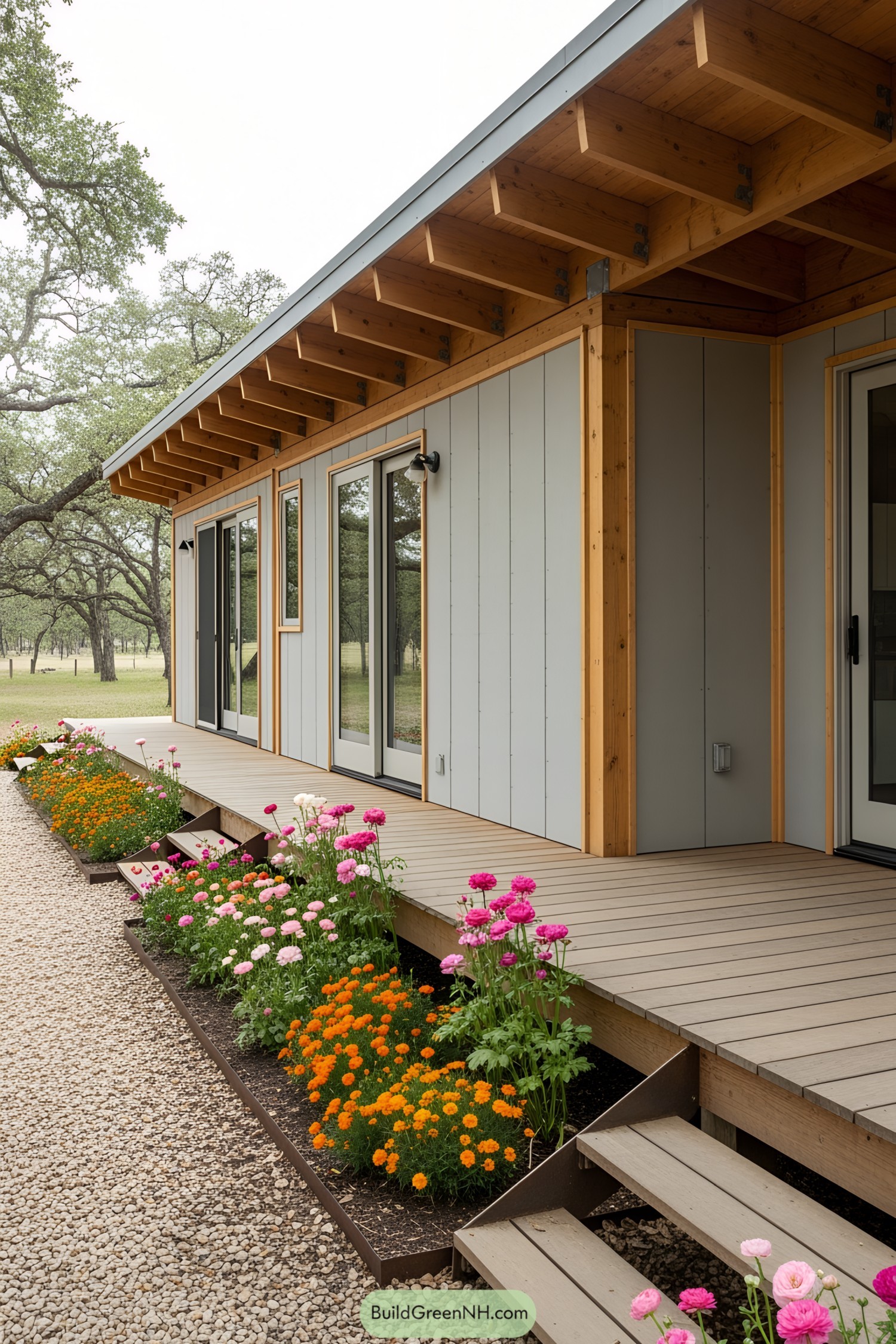 Tiny house with deck and colorful garden
