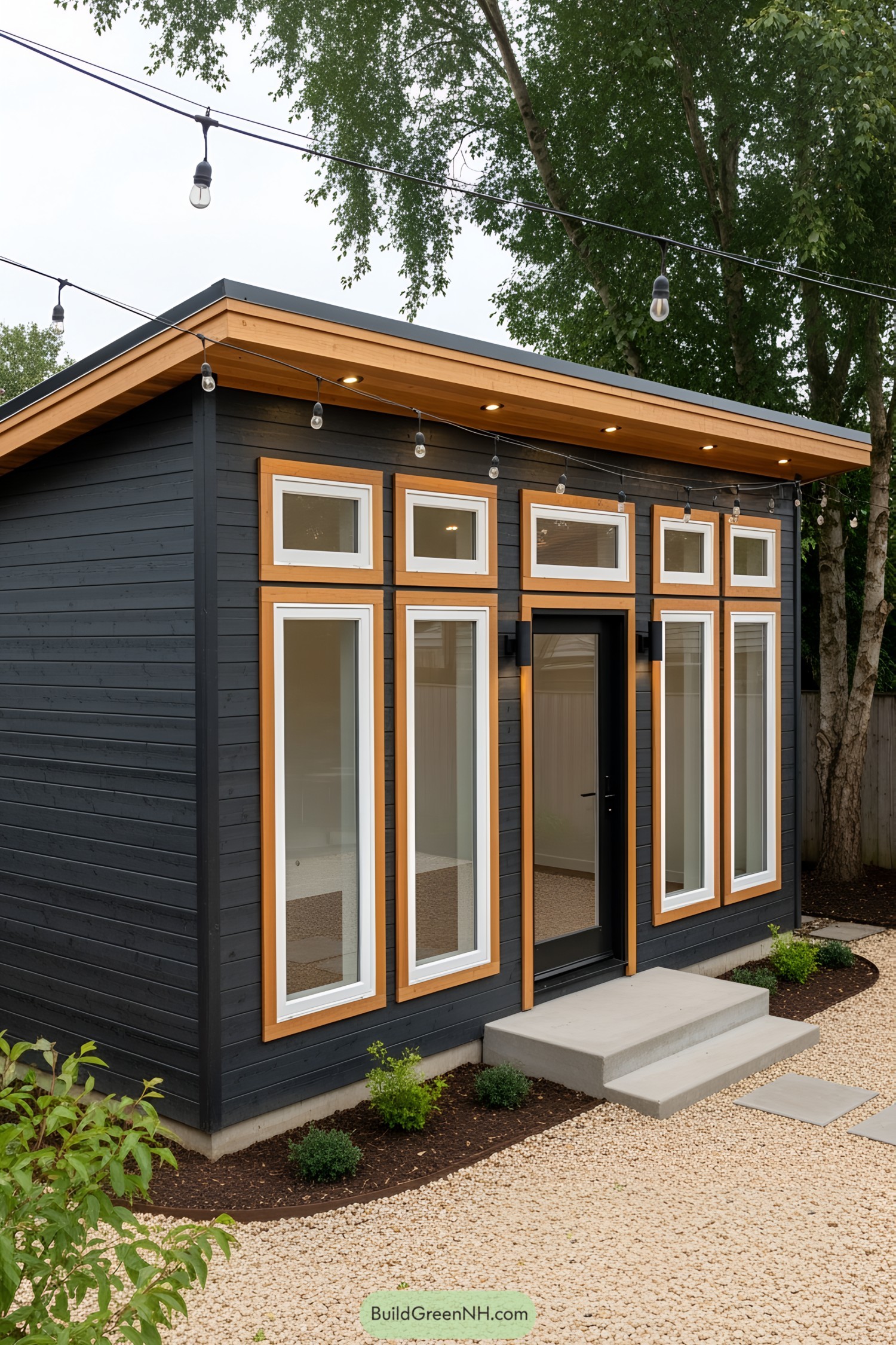 Modern shed office with large windows and sleek design